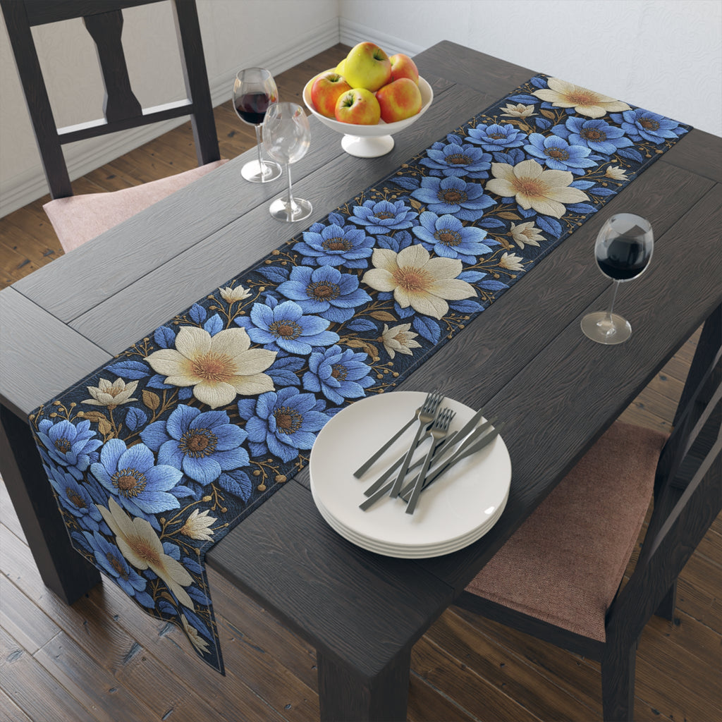 Midnight Symphony Floral Table Runner | Navy Blue & Cream Botanical Dining Linen