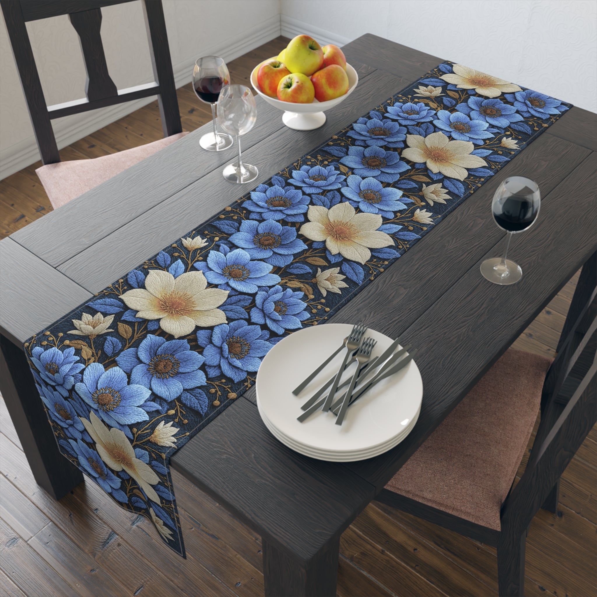 Midnight Symphony Floral Table Runner | Navy Blue & Cream Botanical Dining Linen