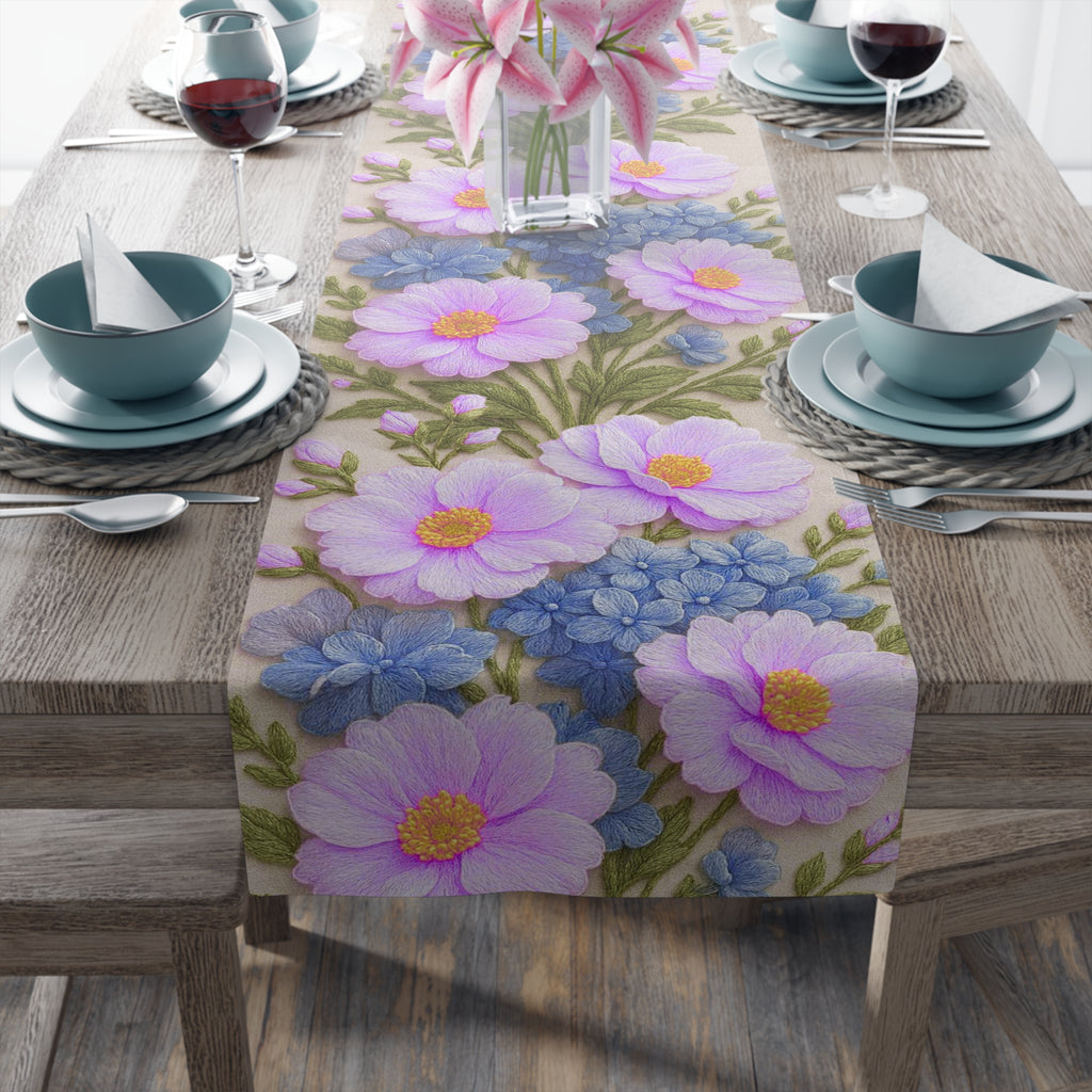 Pink Cosmos and Blue Hydrangea Table Runner, Floral Table Decor, Alexandra Bloom Collection, Cotton Twill or Polyester Dining Runner