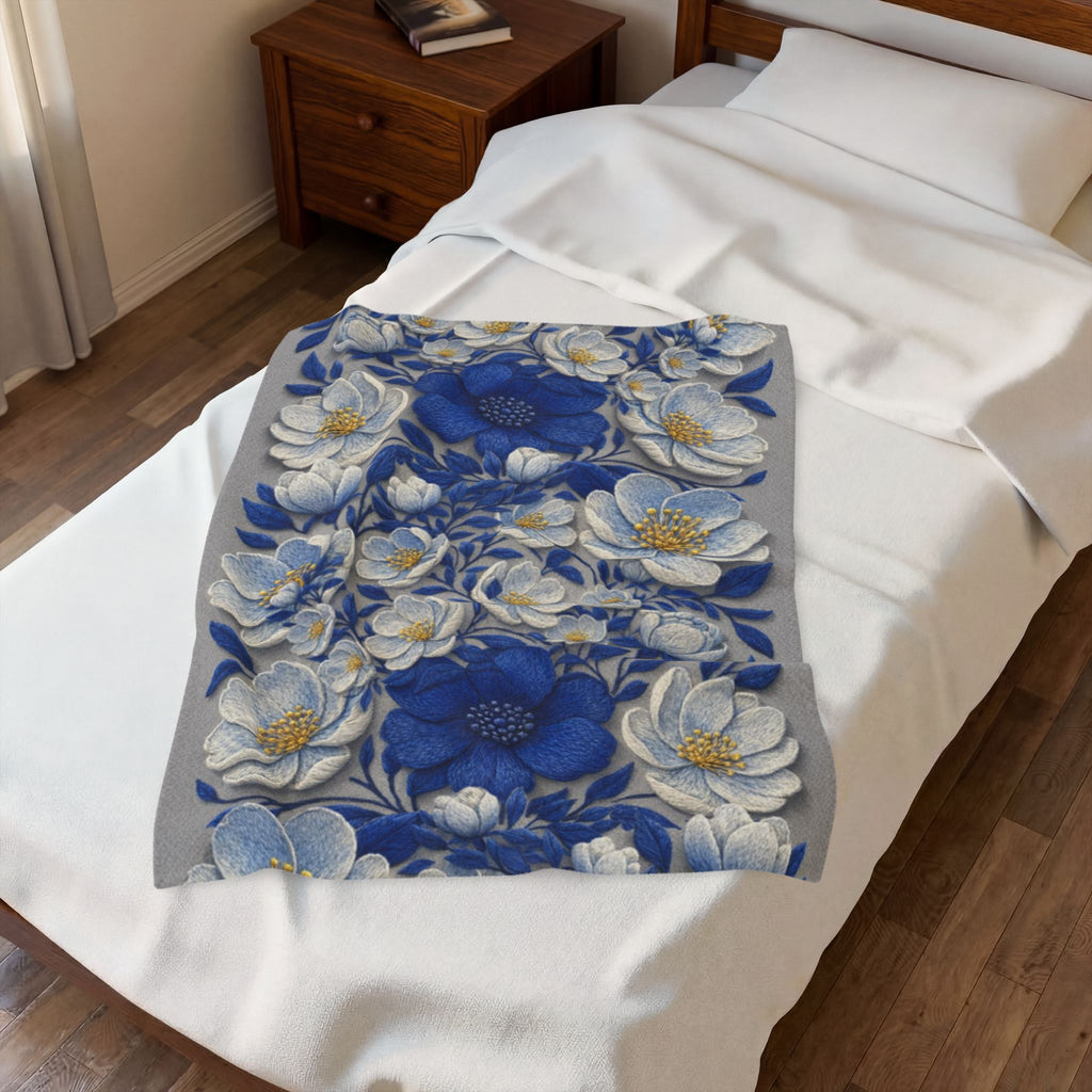 Denim Soul Indigo Floral Velveteen Blanket – Plush Throw for Bed & Sofa