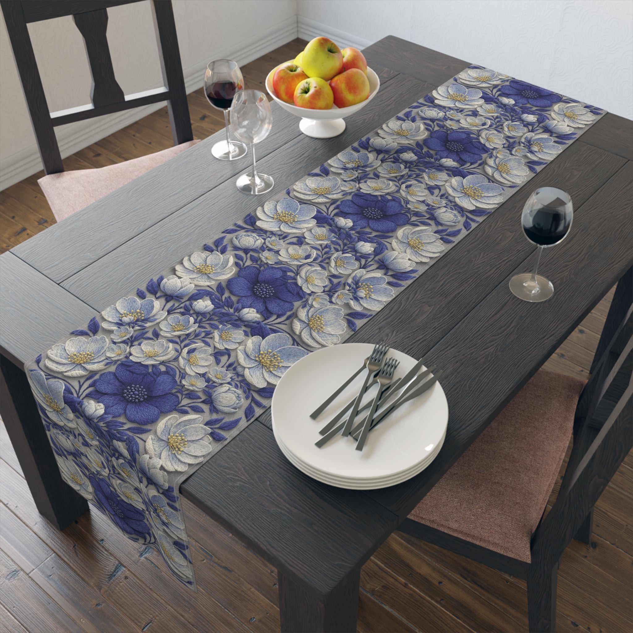 Denim Soul Floral Table Runner – Indigo & Navy Blooms | Cotton Twill or Polyester
