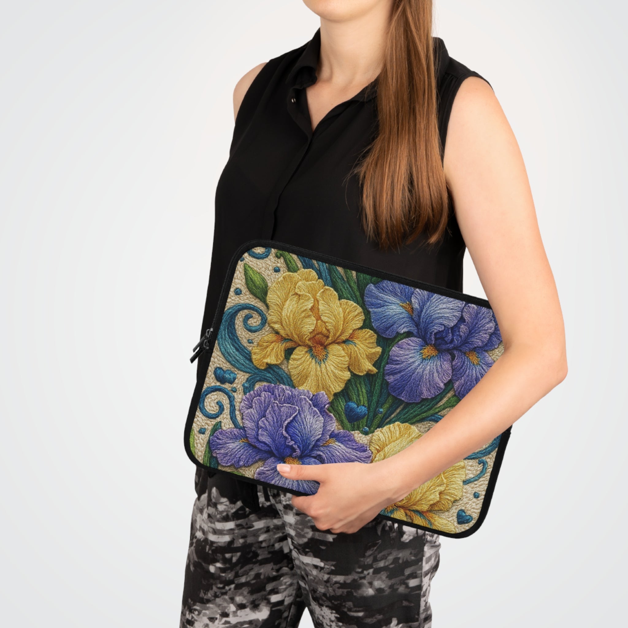 Free Bloom Iris Laptop Sleeve | Yellow Purple Floral Neoprene Case with Zipper | Vintage Botanical Tech Bag