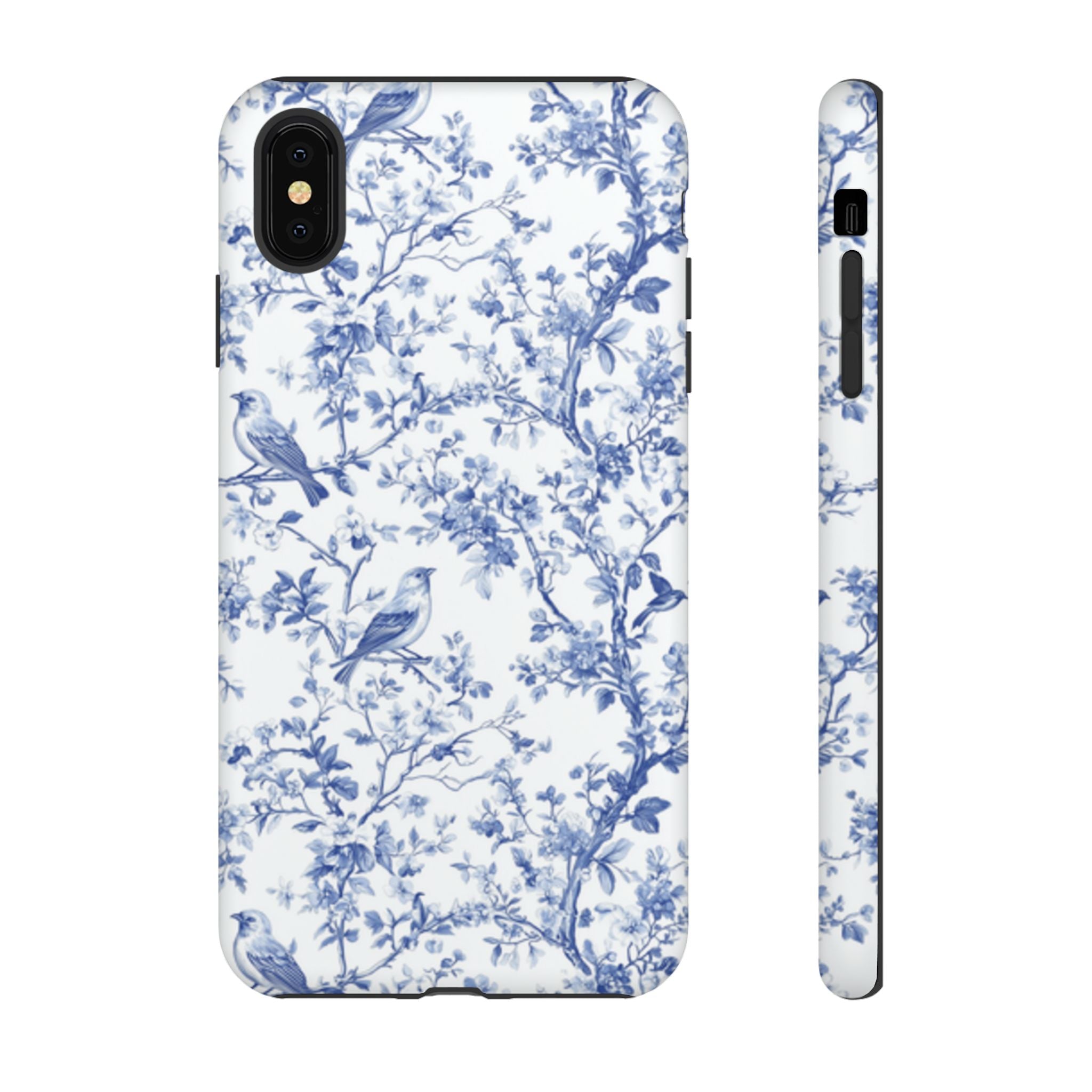 Blue Floral Vine Phone Case, Toile-inspired romantic floral Marbleized Branch Pattern