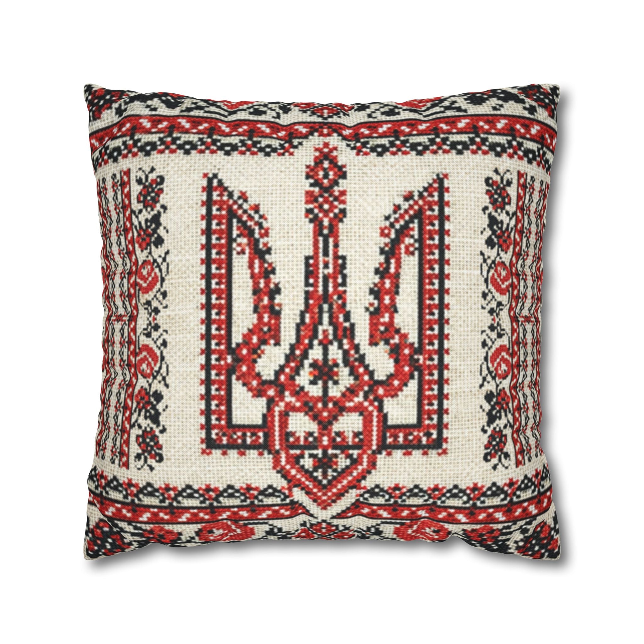Tryzub Pillowcase, Ukrainian Red Black Embroidery, Folk Art Trident Cushion Cover for Home Decor