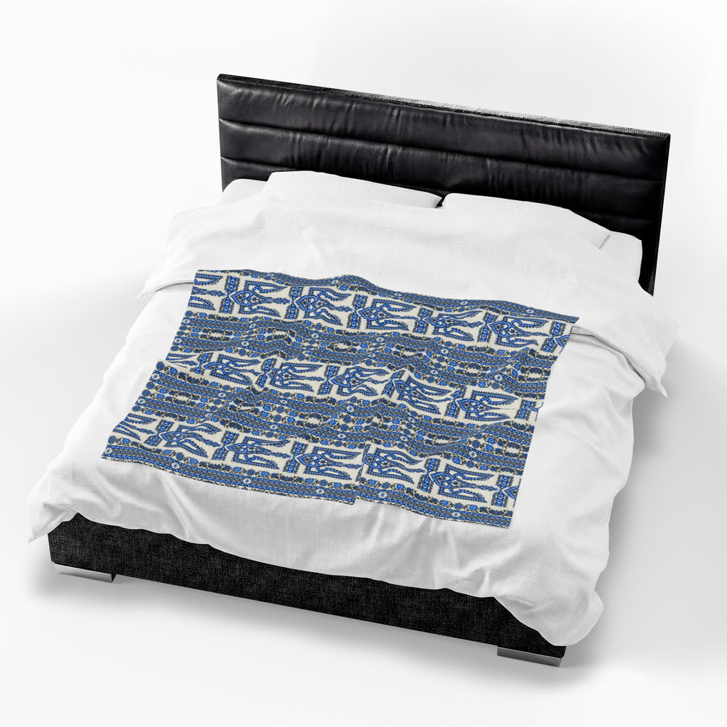 Ukrainian Trident Blue Velveteen Blanket | Tryzub Folk Throw | Artist-Designed