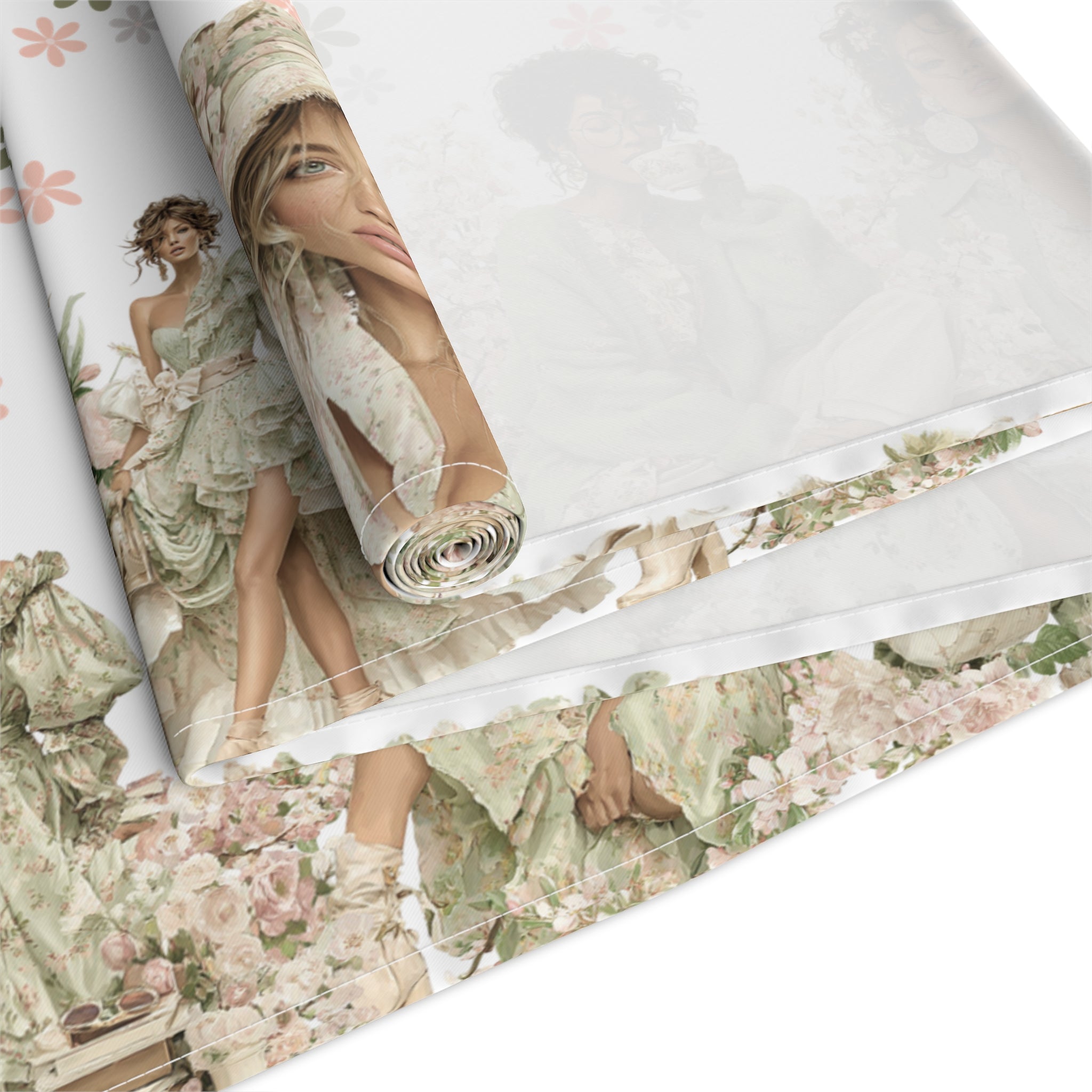 Vintage Floral Women Table Runner, Cotton  Polyester, Artistic Spring Table Decor, Pink  Green Flower Pattern, 16×72, 16×90