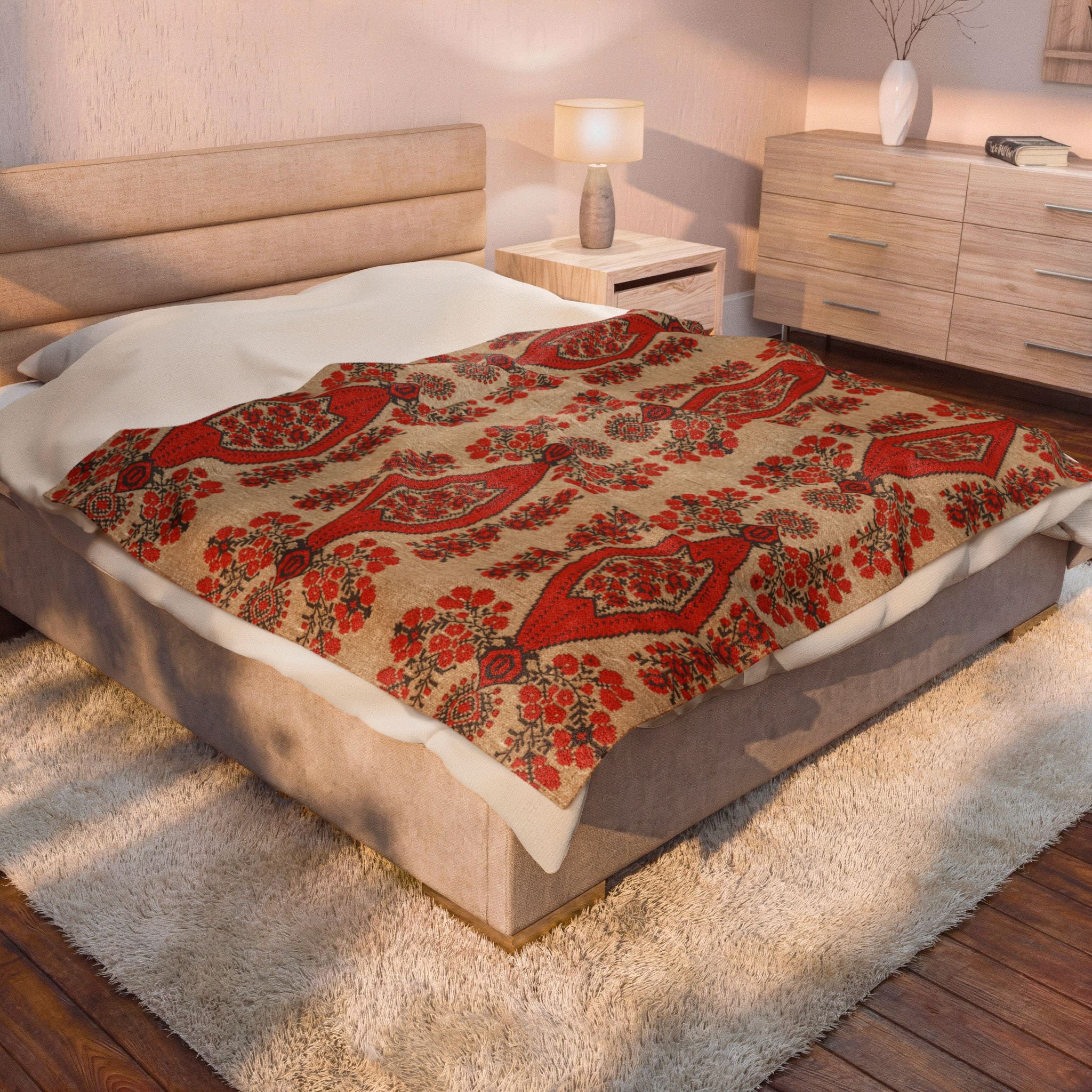 Berehynia Velvet Plush Blanket, Ukrainian Protective Symbol, Soft Red Black Folk Pattern Throw for Cozy Home Decor