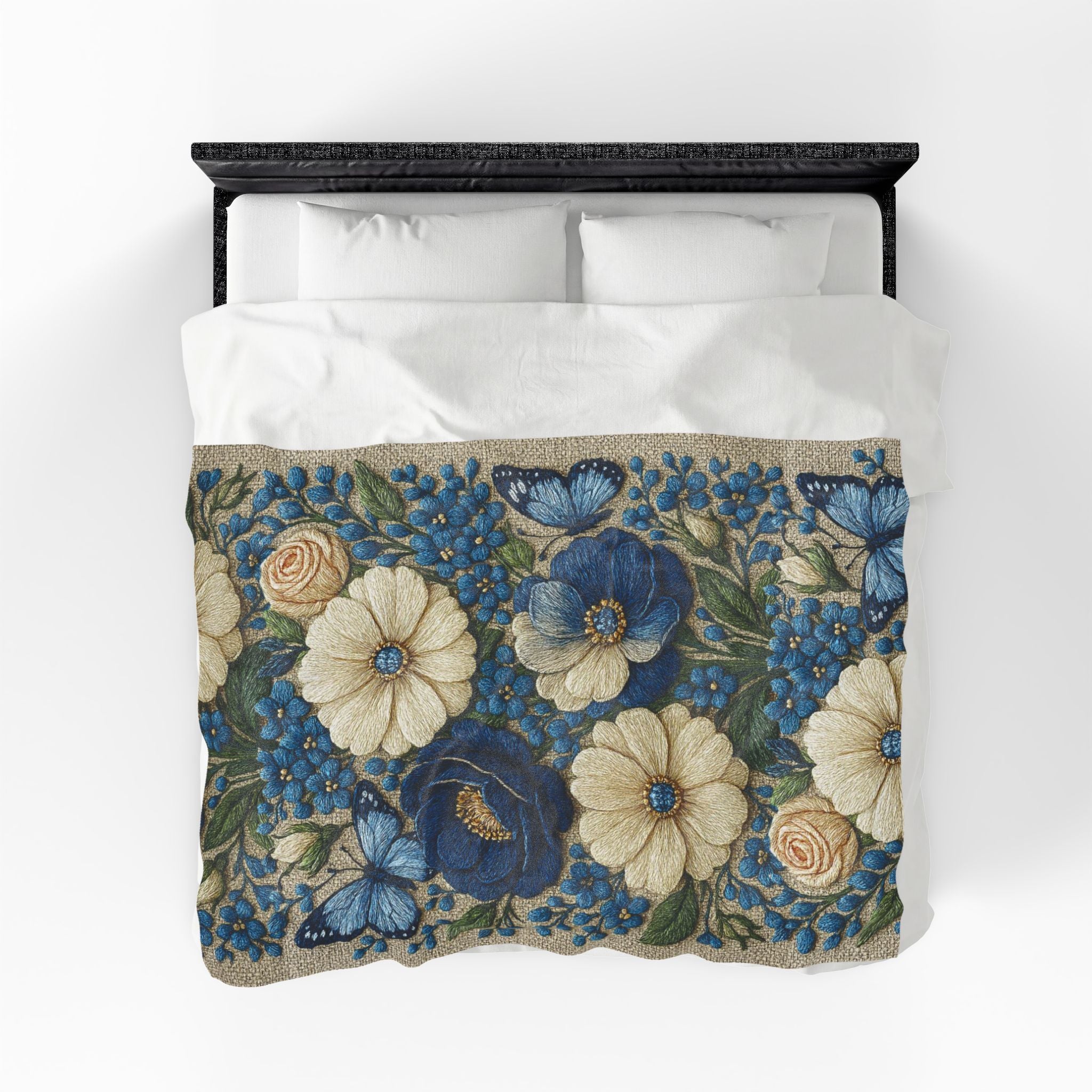 Wild Beauty Floral Velveteen Throw Blanket – Blue & Cream Botanical Design