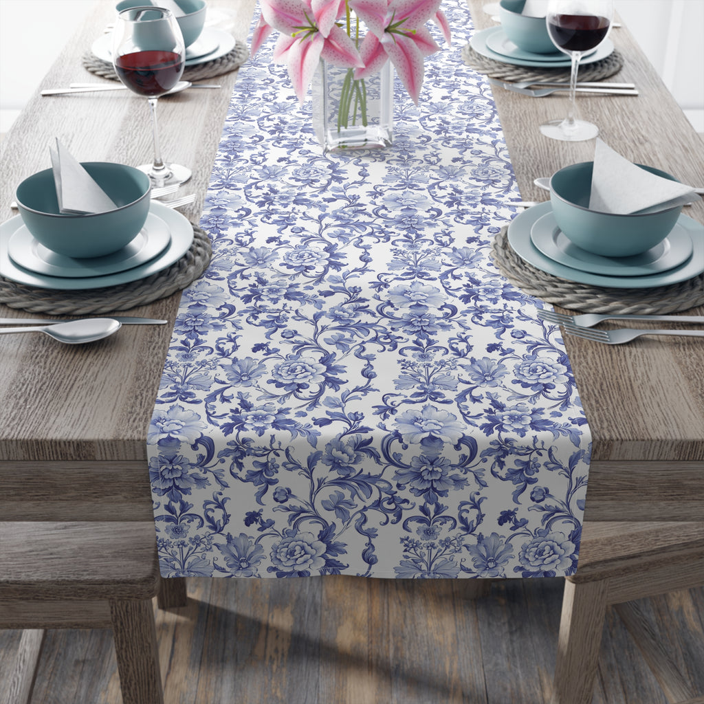 BLUESKYDEZIGN Blue Floral Tile Table Runner - Delft Porcelain Inspired Decor