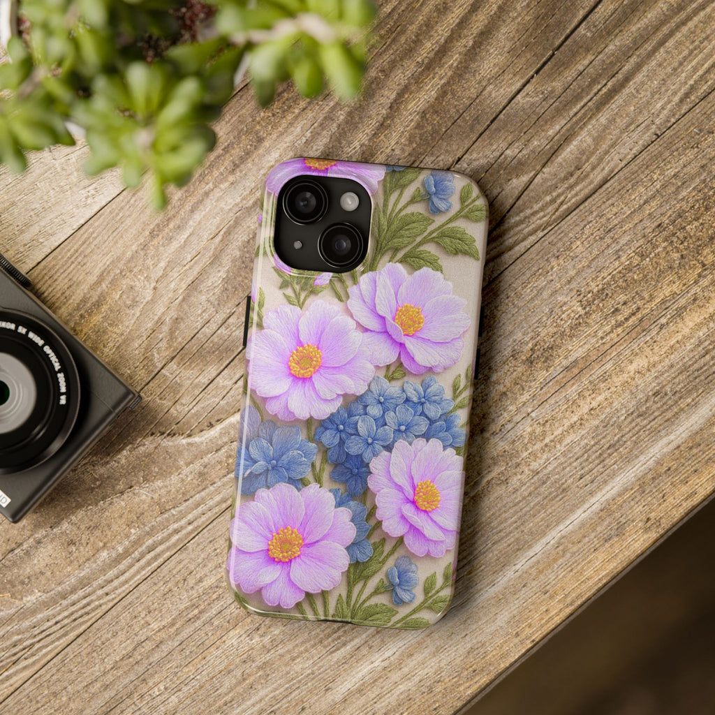 Pink Cosmos and Blue Hydrangea Phone Case, Alexandra Bloom Collection, Tough Floral iPhone and Samsung Cover, Vintage Protective Case