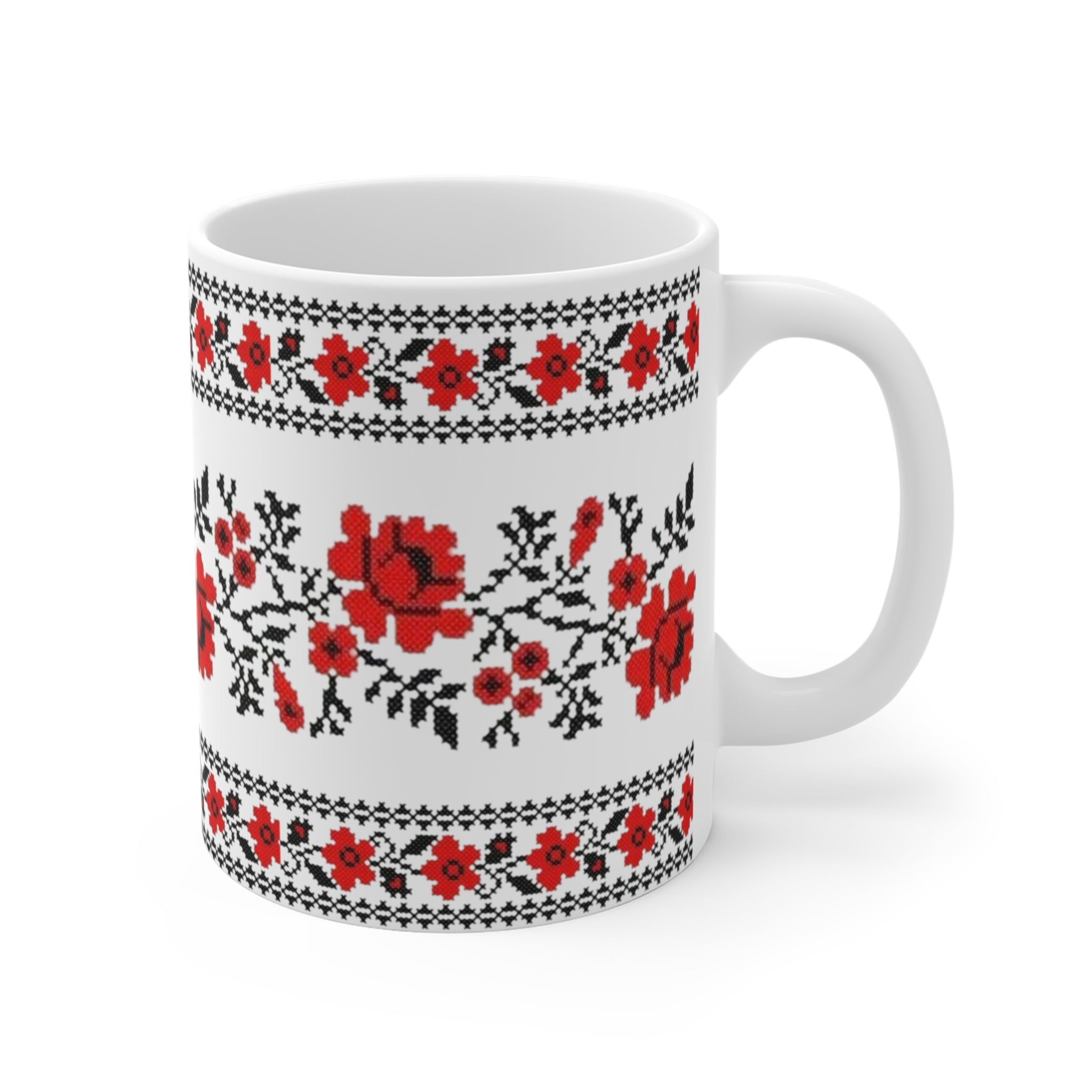 Red Pattern Ukrainian Pattern Mug 11 oz,  Folk Design Coffee Cup, Slavic Geometric Print Ceramic Mug