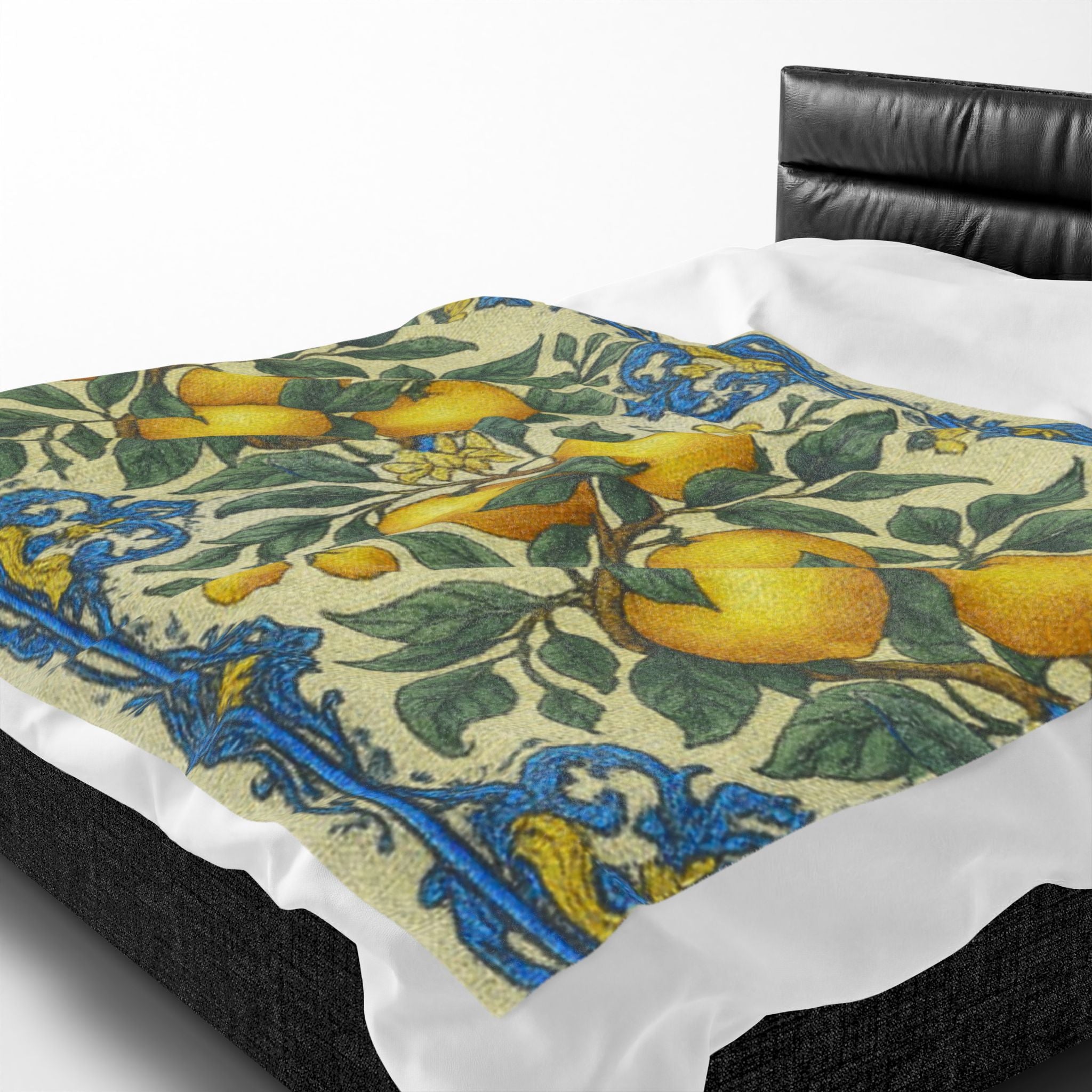 Citrus Riviera Orange Blossom Velveteen Plush Blanket – Mediterranean Botanical Throw | William Morris Style