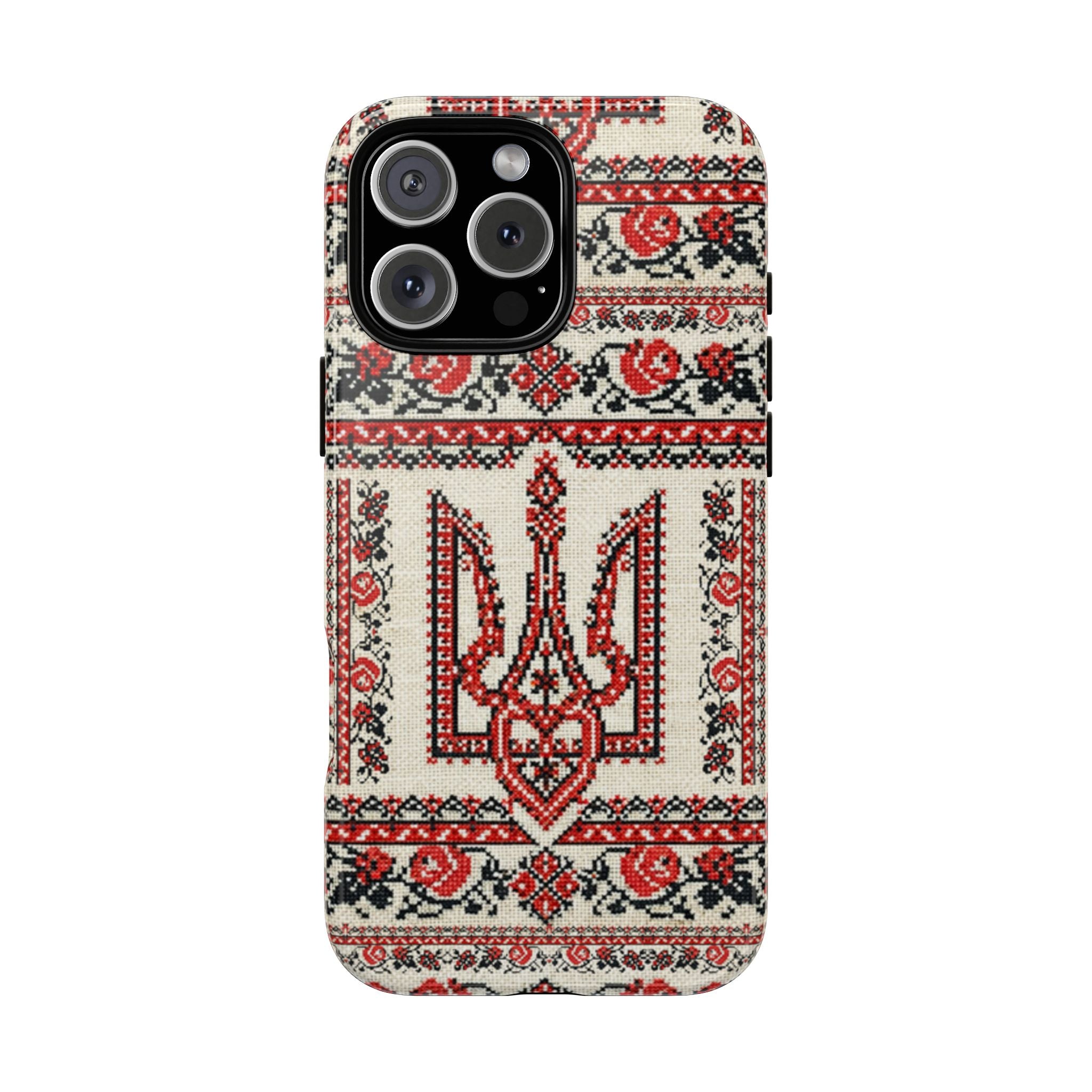 Ukrainian Trident Embroidery Phone Case • Red Black Trident Pattern • Protective Folk Art Cover for iPhone & Samsung
