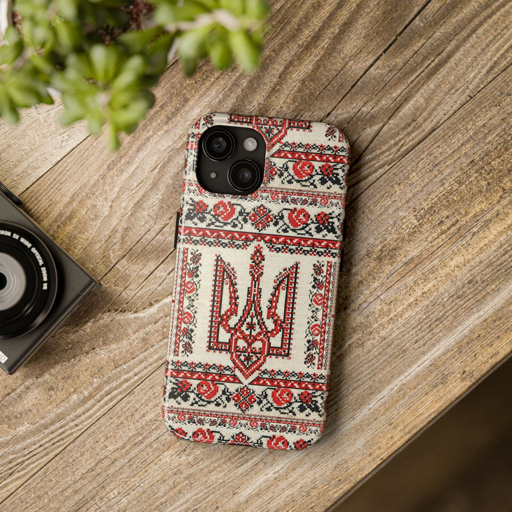 BLUESKYDEZIGN | Tryzub Ukrainian Phone Case | Red Black Trident Folk Embroidery iPhone Cover | Heritage Gift
