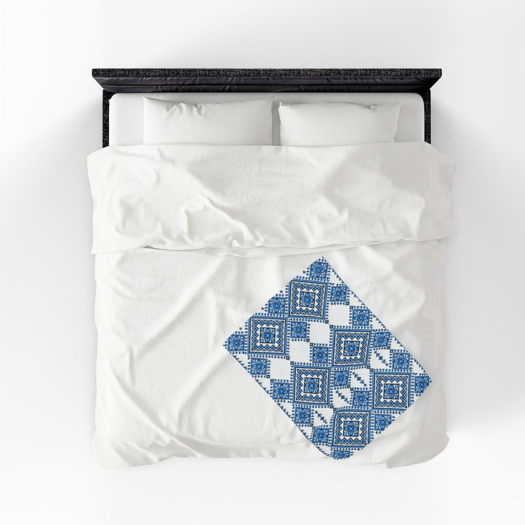 Blue Sky Folk Art Velveteen Plush Blanket | Ukrainian Heritage Geometric Throw