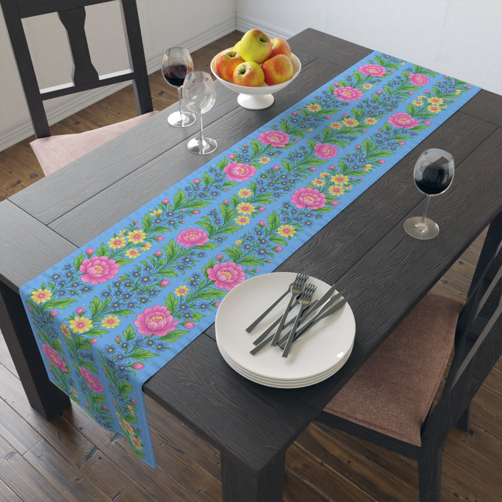 Pastel Floral Table Runner – Soft Pink & Peach Blooms | Cotton or Polyester | BLUESKYDEZIGN