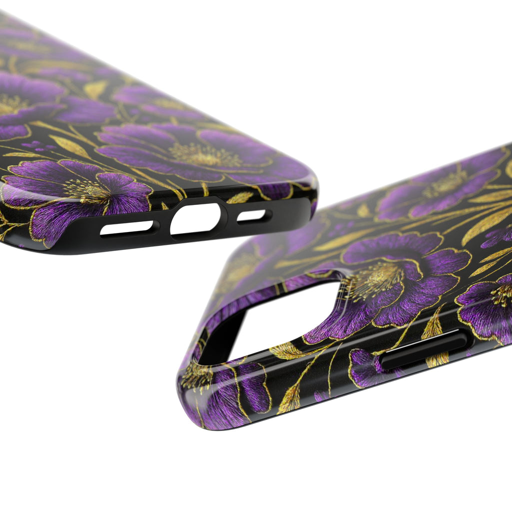 Petrykivka Bloom Phone Case | Purple Poppy Gold Tough Case | Embroidered Look Floral Aesthetic Cover