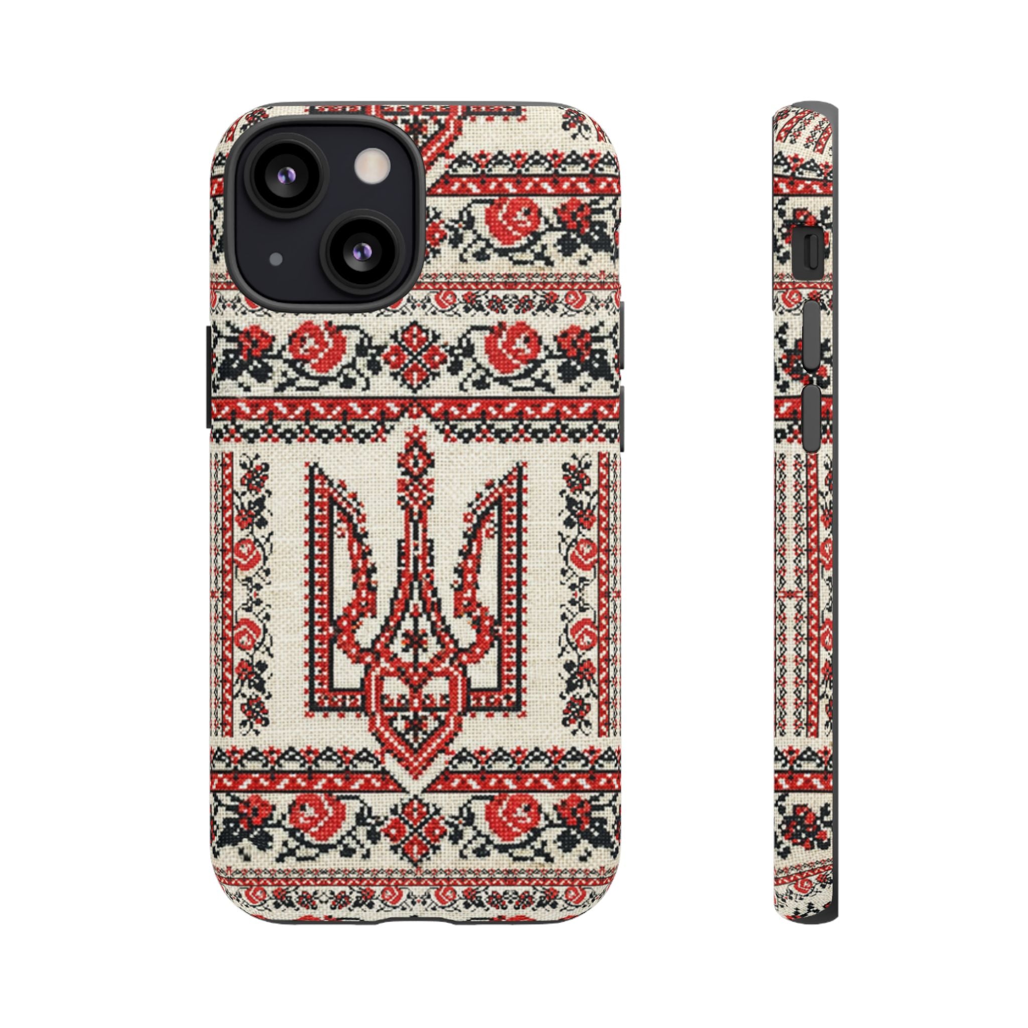 Ukrainian Trident Embroidery Phone Case • Red Black Trident Pattern • Protective Folk Art Cover for iPhone & Samsung