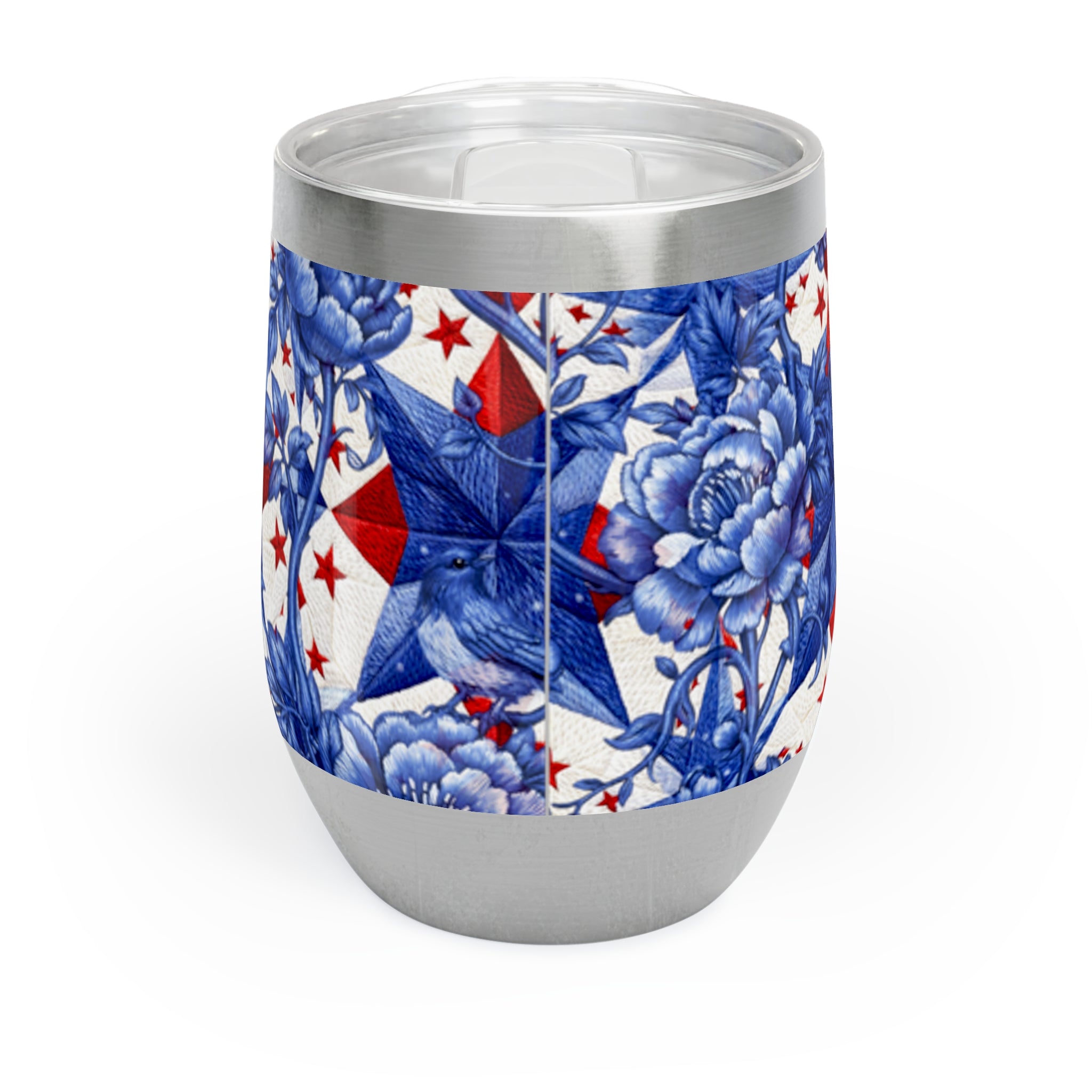 America 250th Anniversary Wine Tumbler - Patriotic Blue Toile & Red Star Insulated Stainless Steel Cup