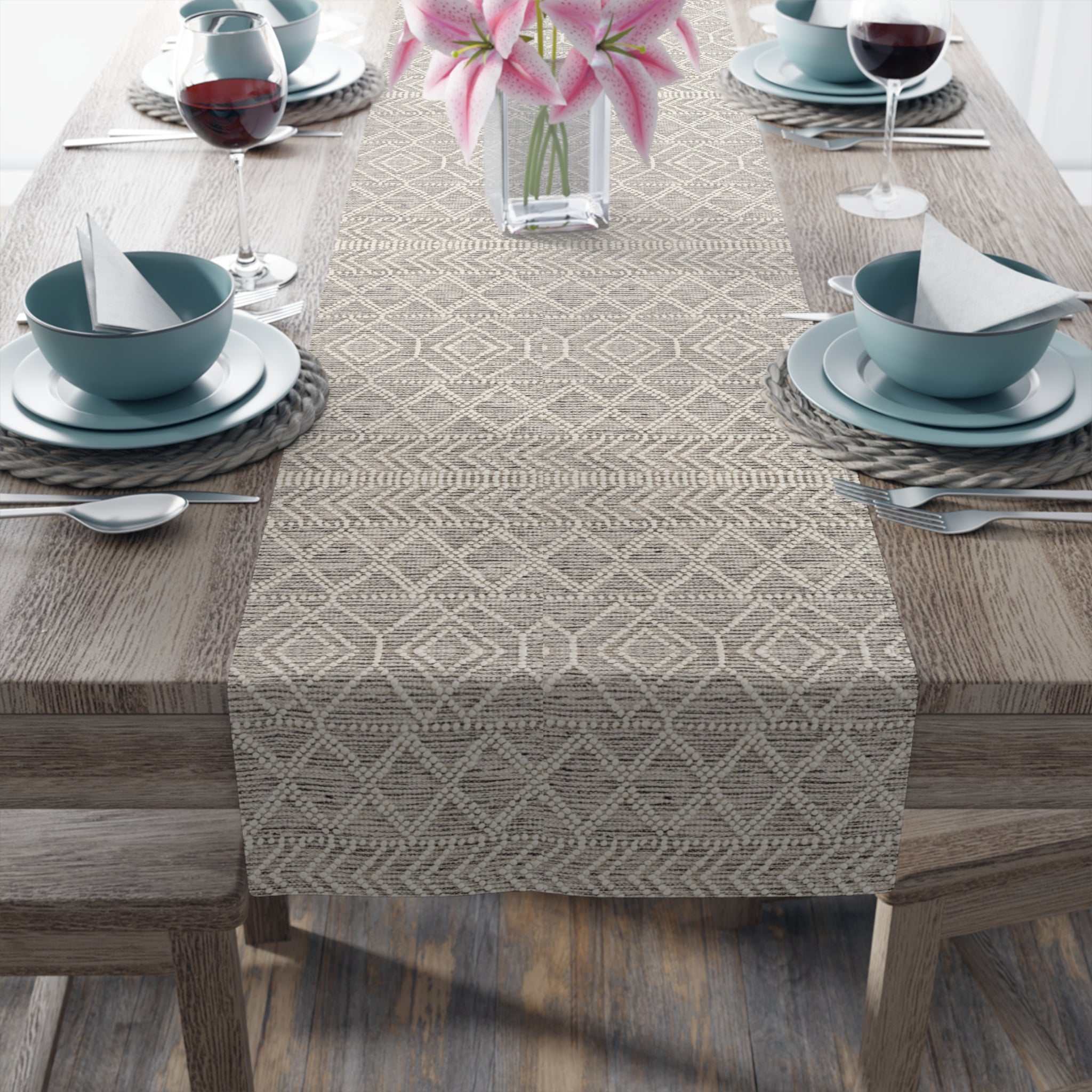 Sand & Stone Diamond Weave Table Runner | Farmhouse Heritage Ivory Linen