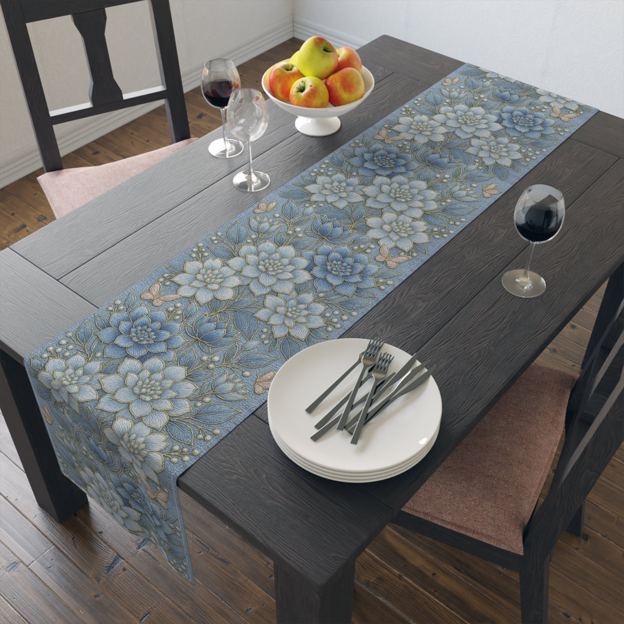 BLUESKYDEZIGN | Blue Floral Succulent Table Runner | Cottagecore Dining Decor | Cotton or Polyester
