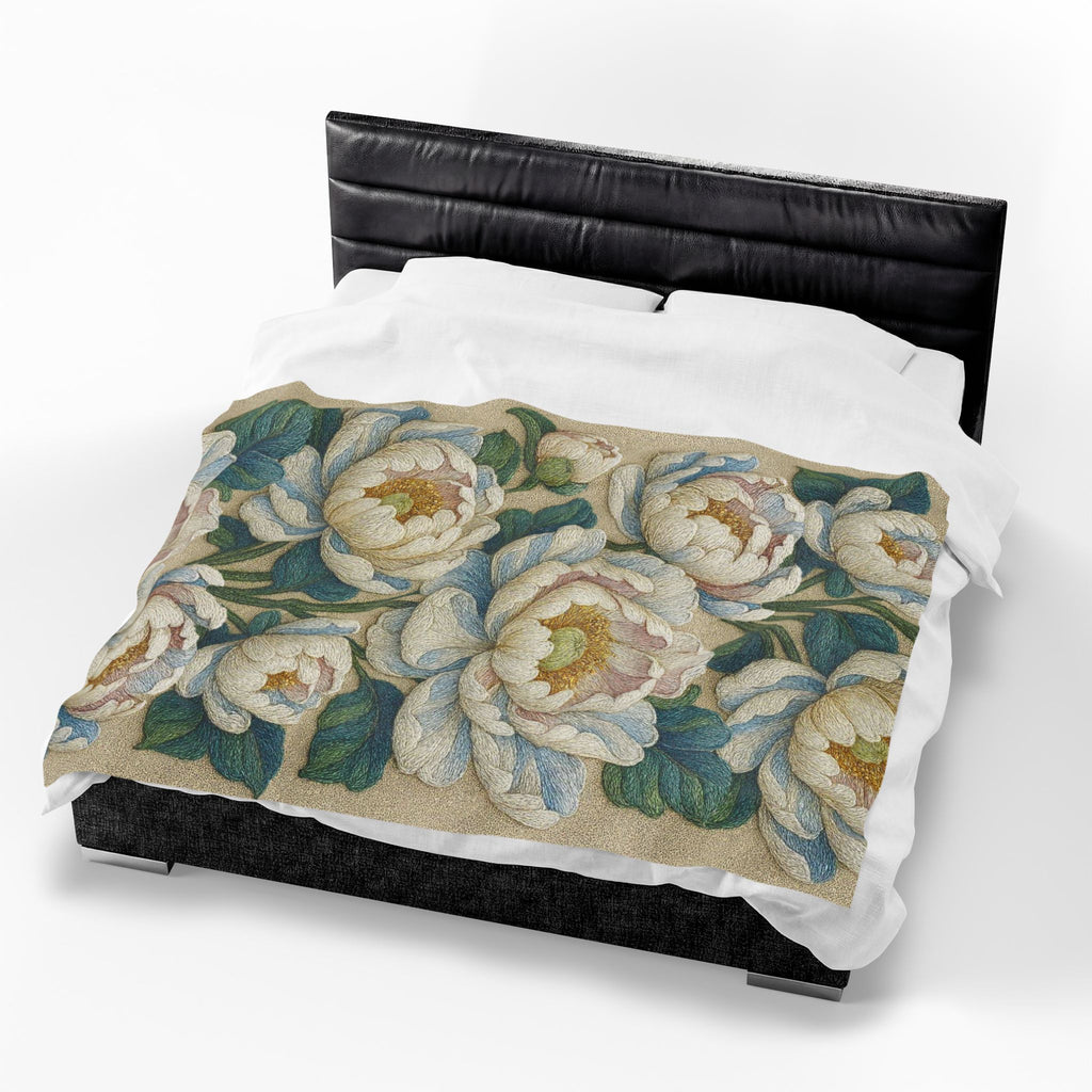 Petrykivka Bloom Blanket – White Peony Velvet Plush Throw, Sage Green Cottagecore