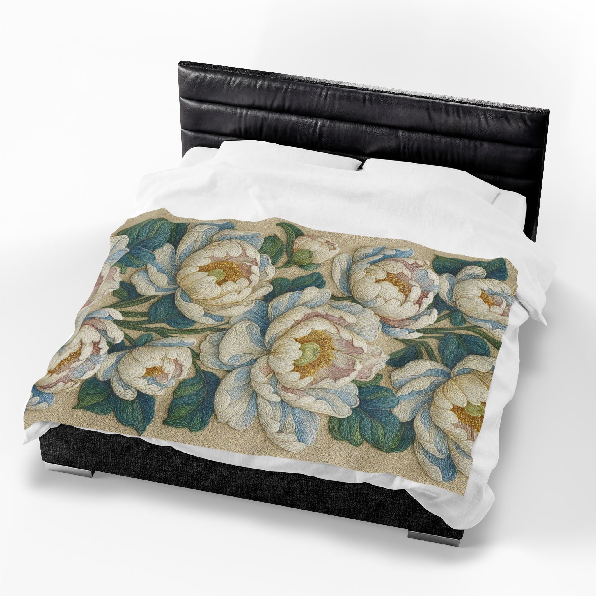 Petrykivka Bloom Blanket – White Peony Velvet Plush Throw, Sage Green Cottagecore