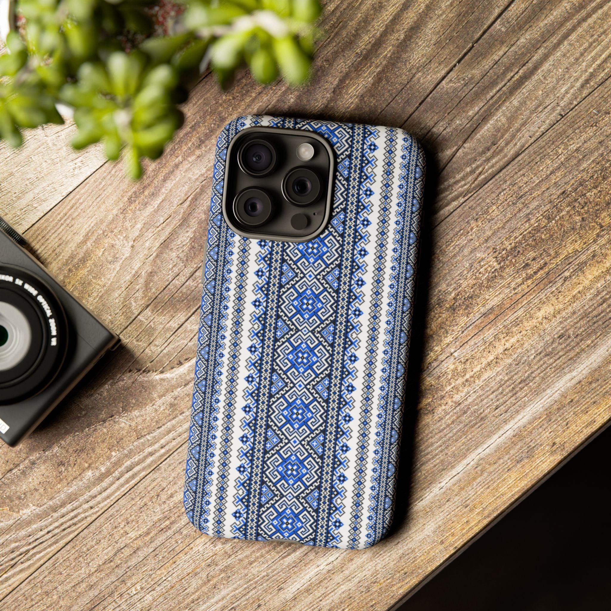 Ukrainian Pattern iPhone Case, Blue Black Geometric Folk Design, Protective Phone Cover, Traditional Ethnic Print