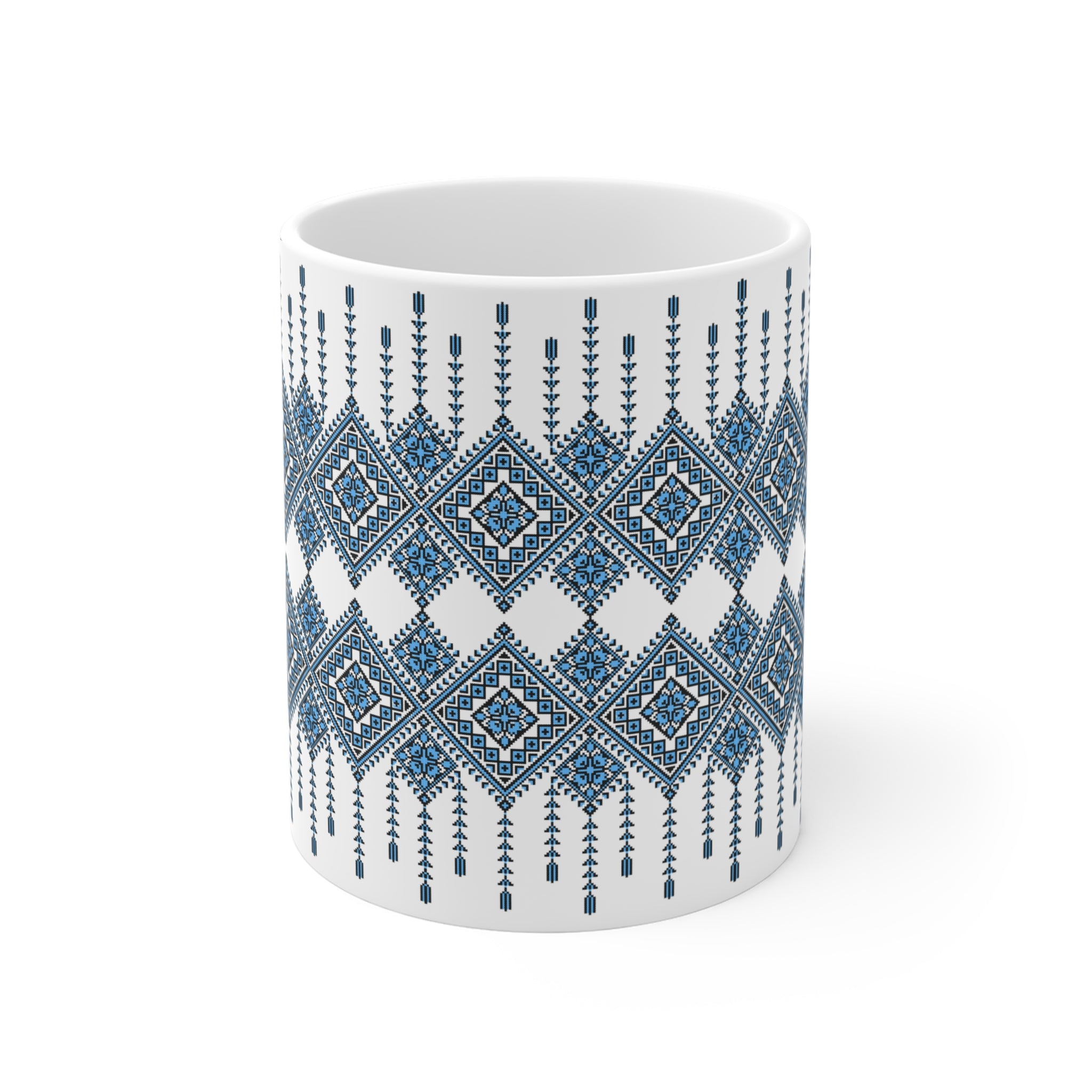 Ukrainian Pattern Mug 11 oz, Blue Folk Design Coffee Cup, Slavic Geometric Print Ceramic Mug
