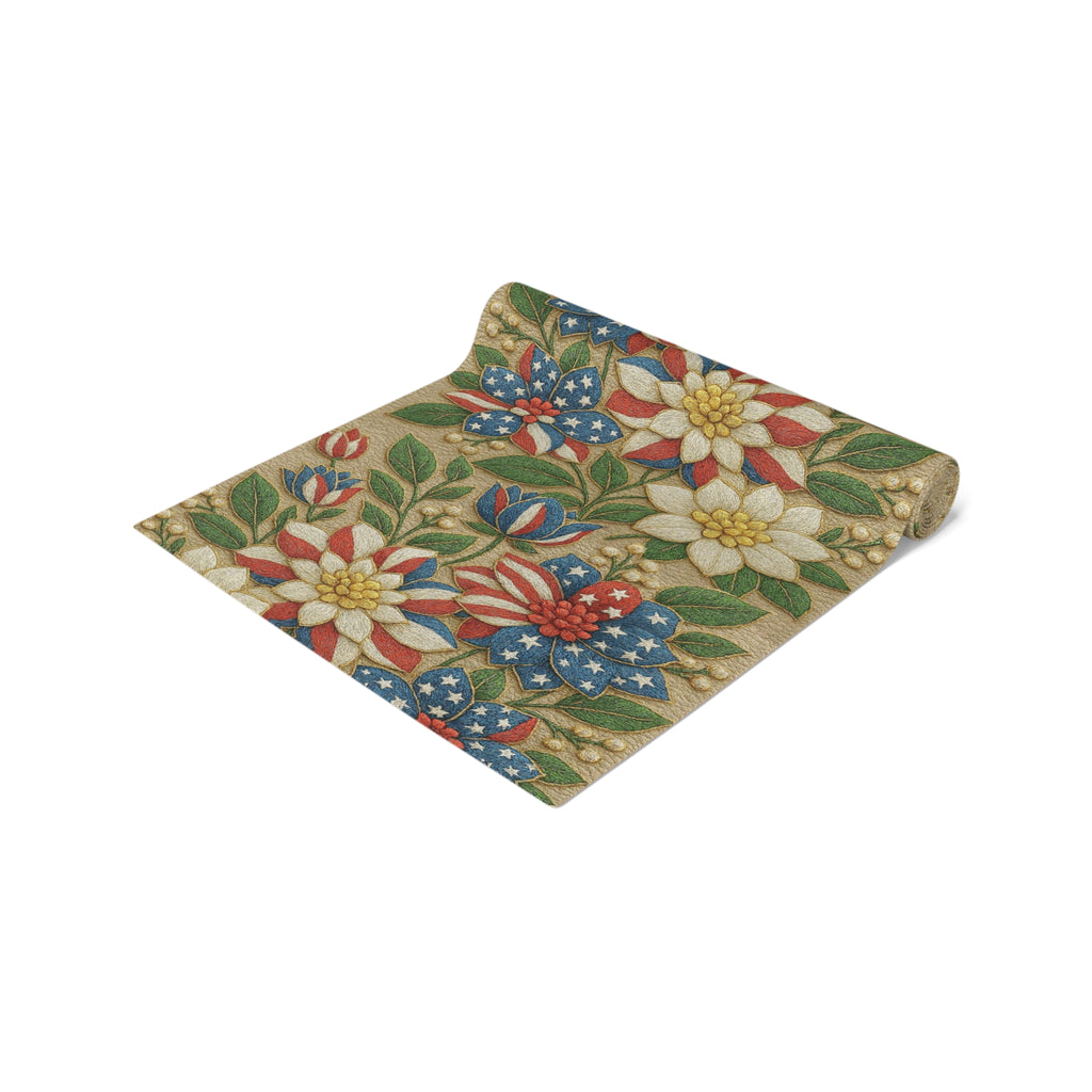 BLUESKYDEZIGN | Floral Americana Table Runner | Patriotic 4th of July Vintage Decor | Cotton or Polyester
