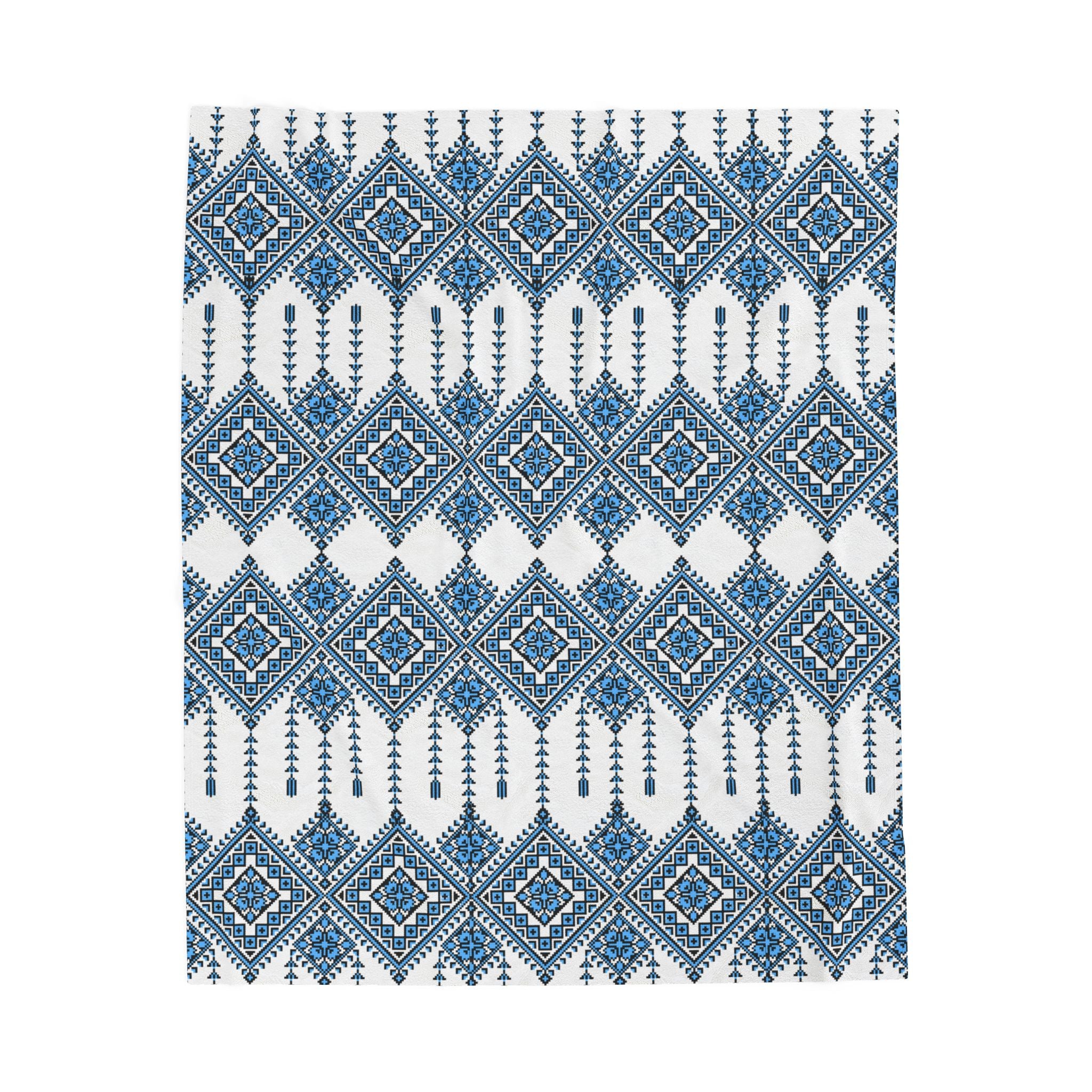 Velvet Plush Blanket with Traditional Ukrainian Pattern, Soft Cozy Throw in 3 Sizes, Blue Black Ethnic Design Home Decor