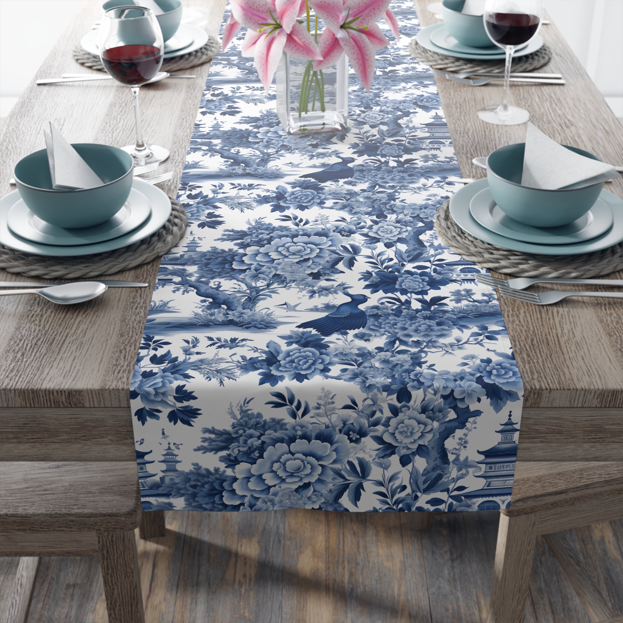 Blue Chinoiserie Toile Table Runner | Vintage Floral Dining Decor | Cotton Twill & Polyester