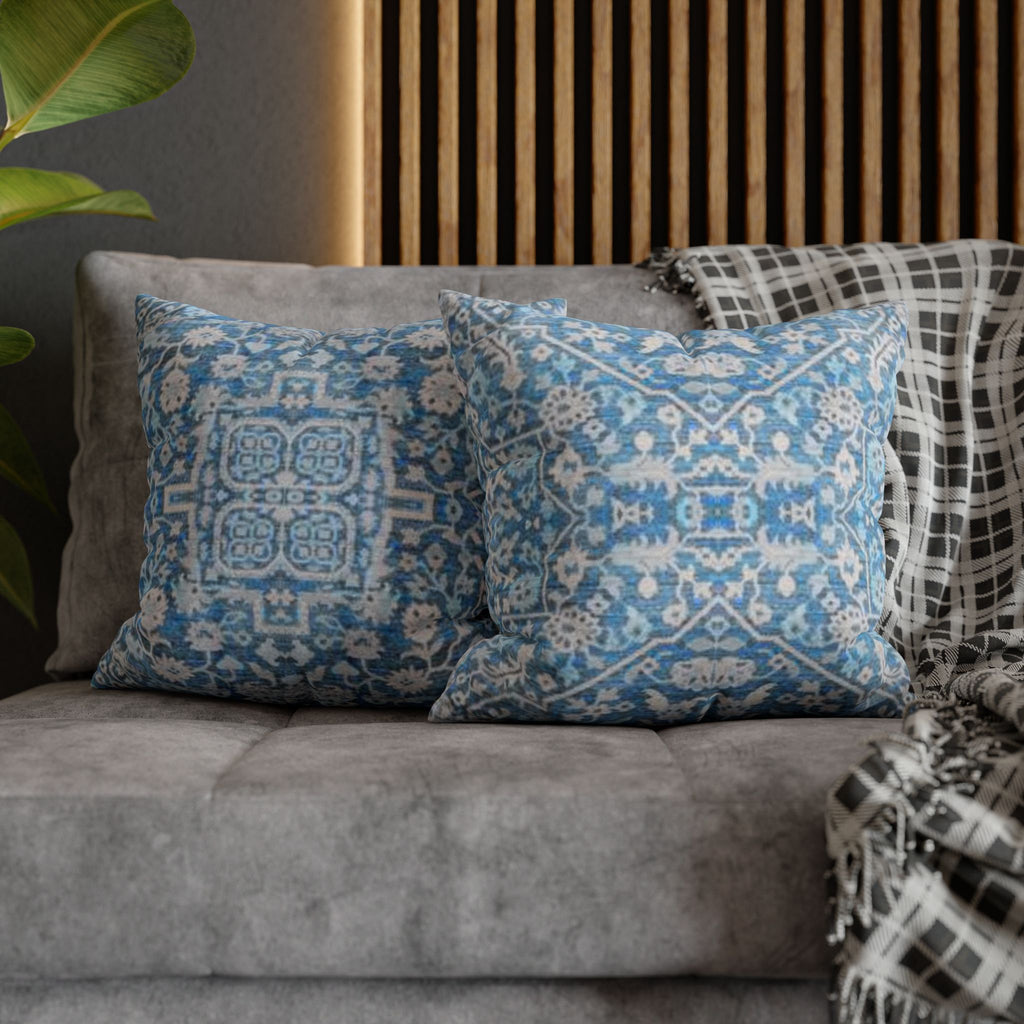 BLUESKYDEZIGN Grandmother's Heritage Pillow Cover - Blue Ikat Floral, Boho Modern Rustic Cushion