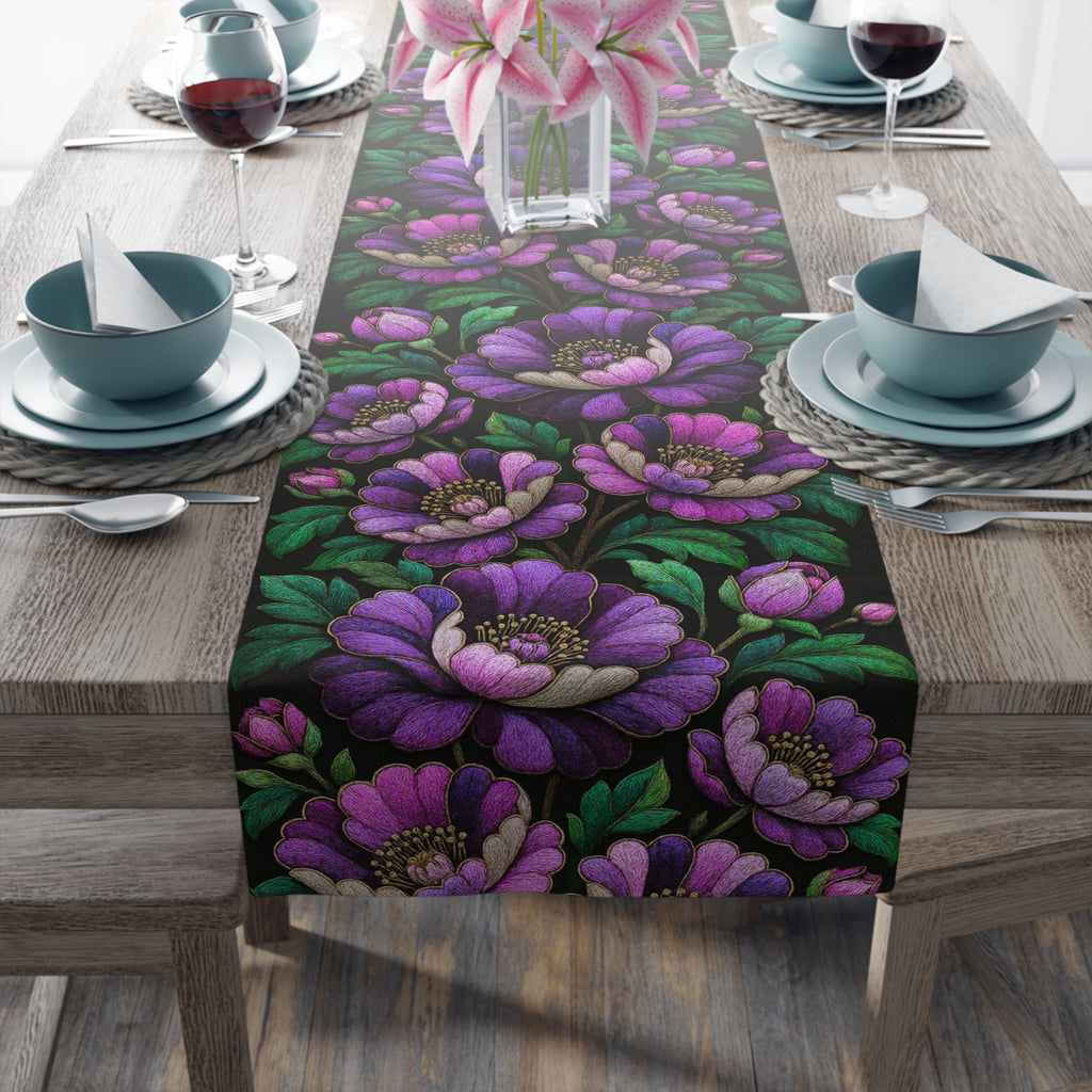 BLUESKYDEZIGN | Petrykivka Bloom Purple Peony Table Runner | Ukrainian Folk Art Dining Decor | Dark Cottagecore | Cotton or Polyester