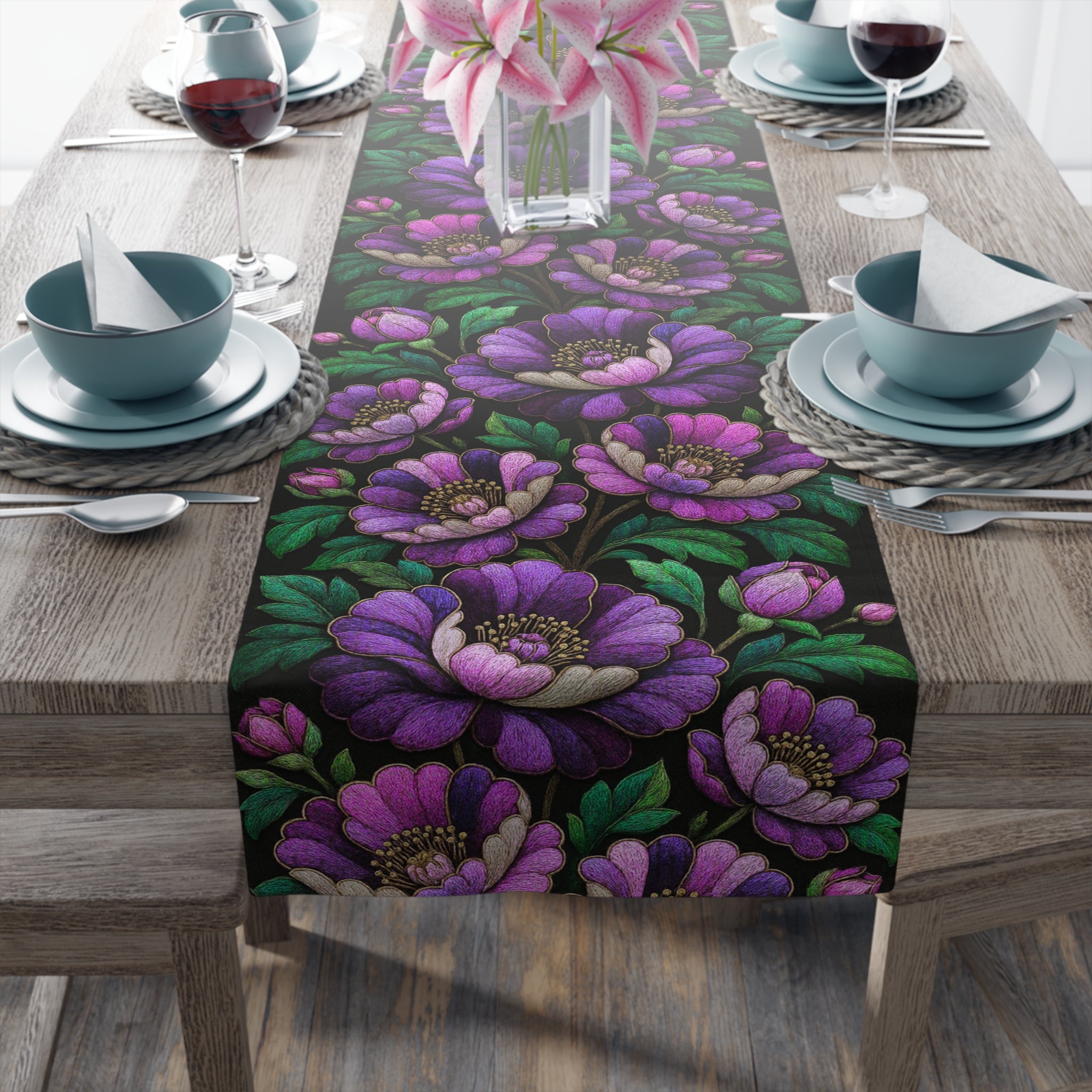 BLUESKYDEZIGN | Petrykivka Bloom Purple Peony Table Runner | Ukrainian Folk Art Dining Decor | Dark Cottagecore | Cotton or Polyester