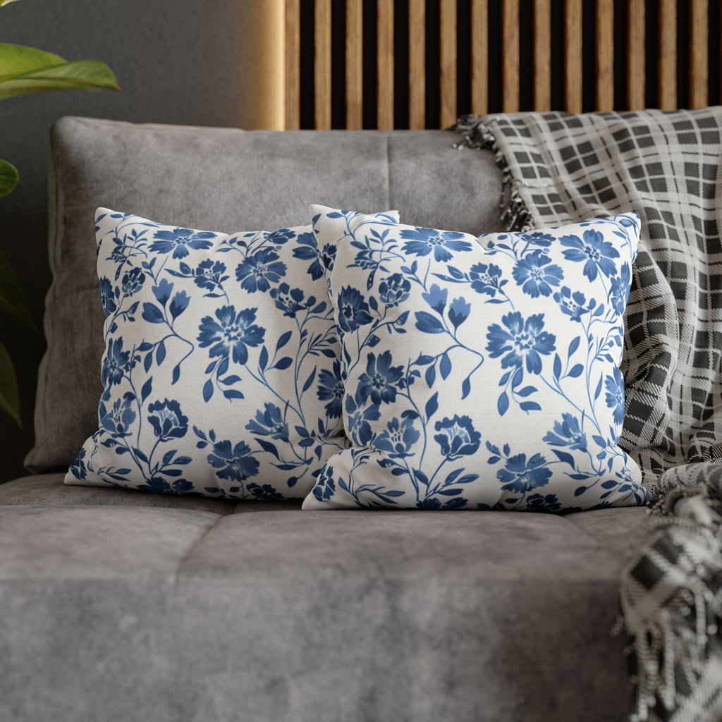 Light Blue Floral Pillowcase Spun Polyester Square Pillowcase | Blue Flower Pillow Cover