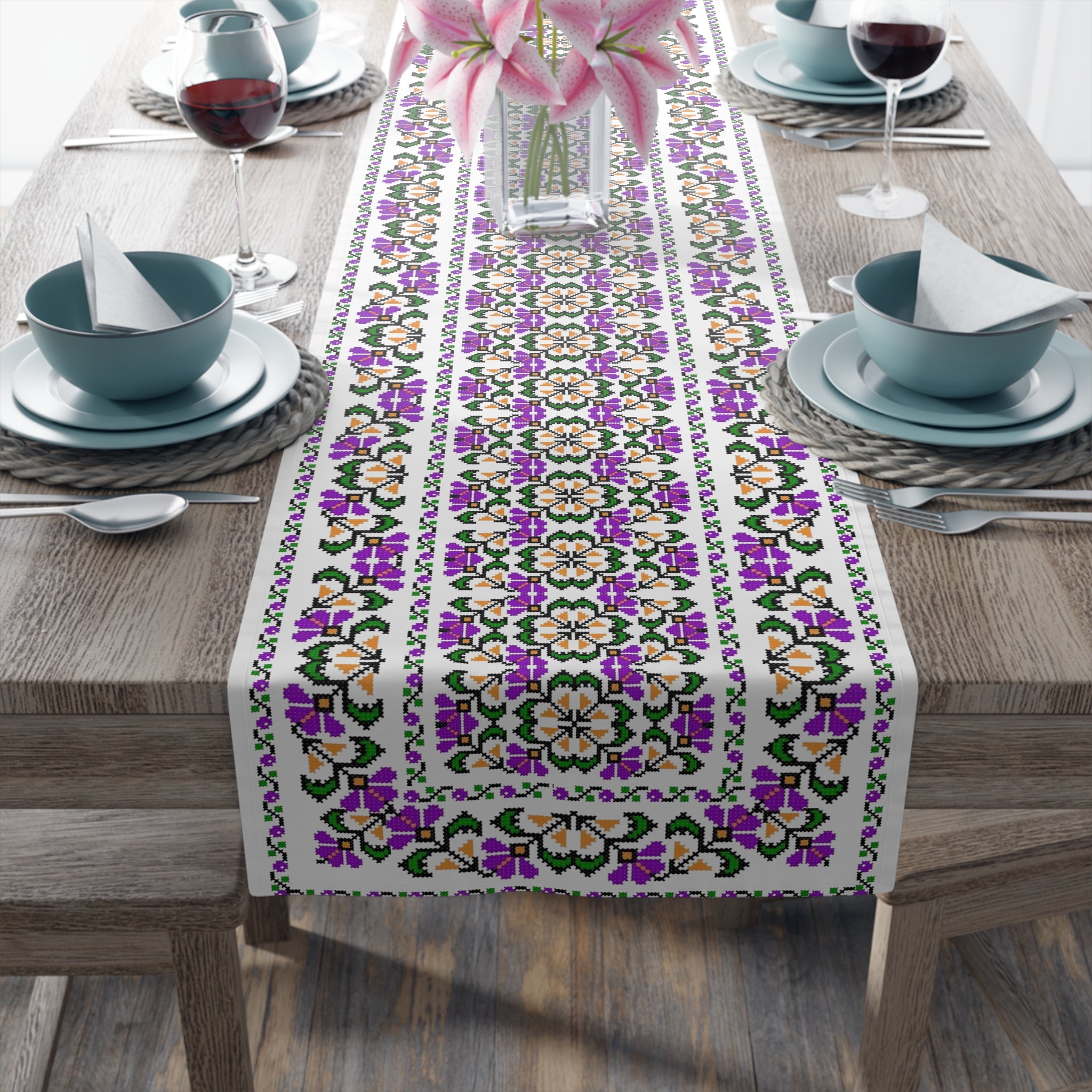 BLUESKYDEZIGN Ukrainian Purple Floral Table Runner