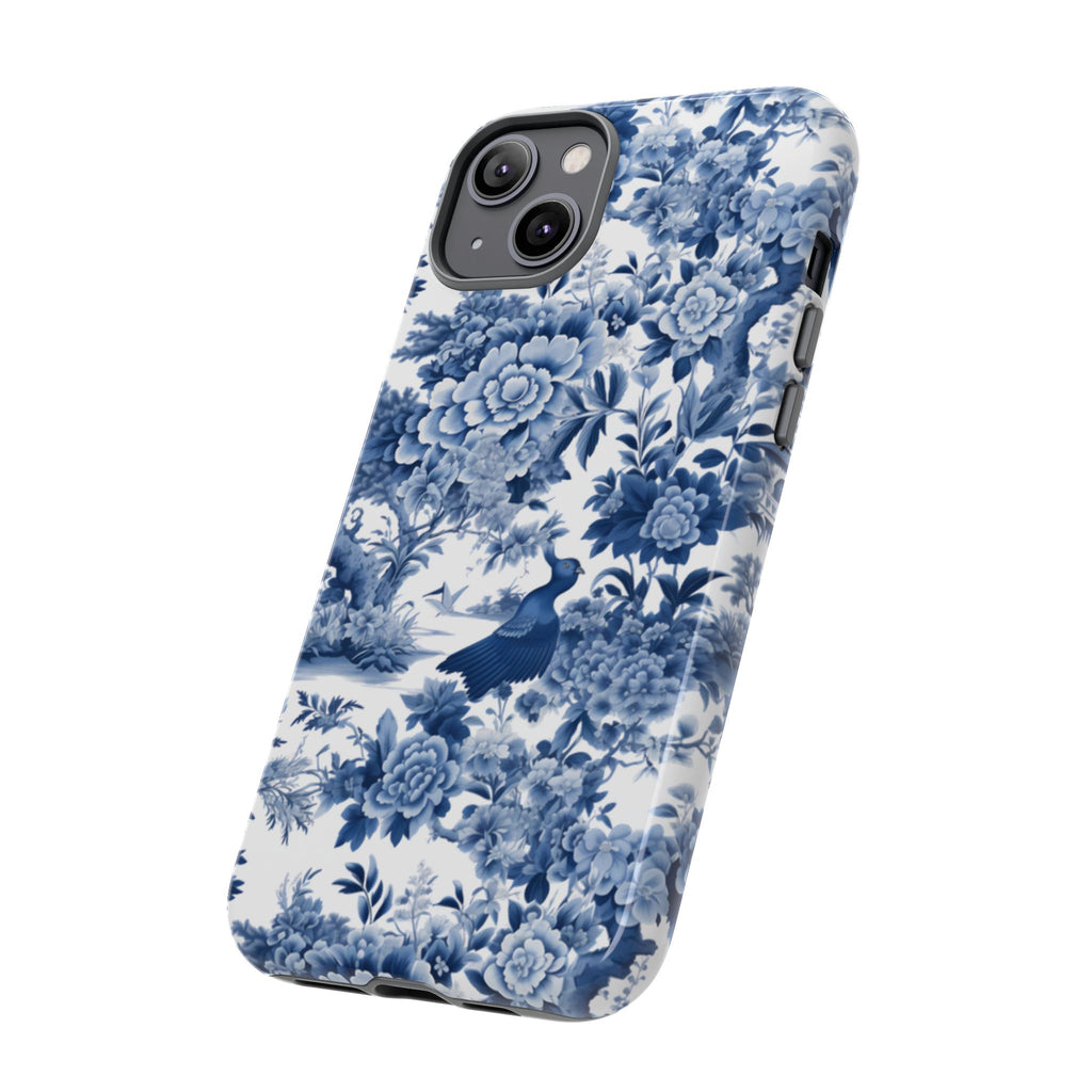 BLUESKYDEZIGN | Blue Toile Floral Phone Case – Chinoiserie Vintage Antique Pattern Tough Cover for iPhone & Samsung