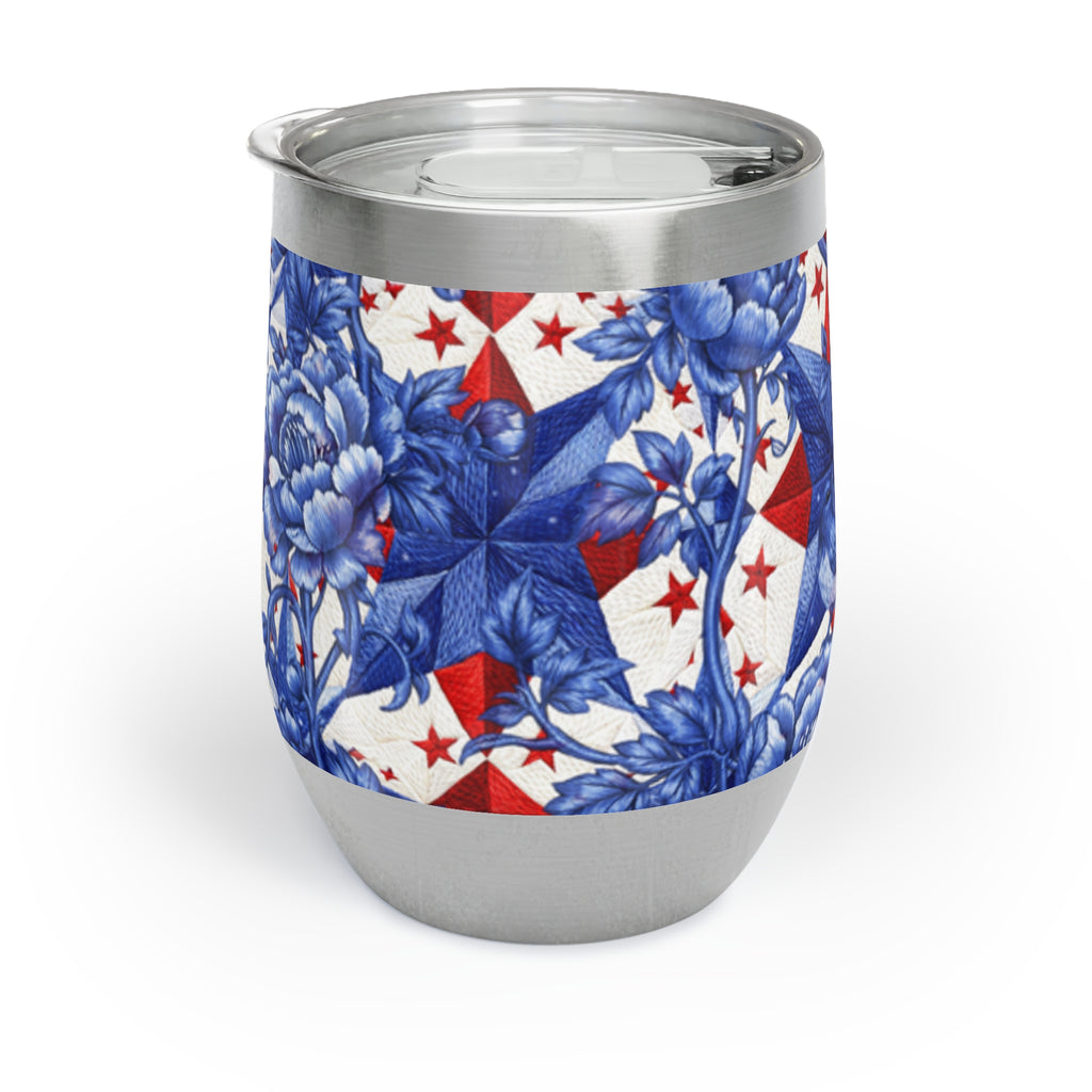America 250th Anniversary Wine Tumbler - Patriotic Blue Toile & Red Star Insulated Stainless Steel Cup