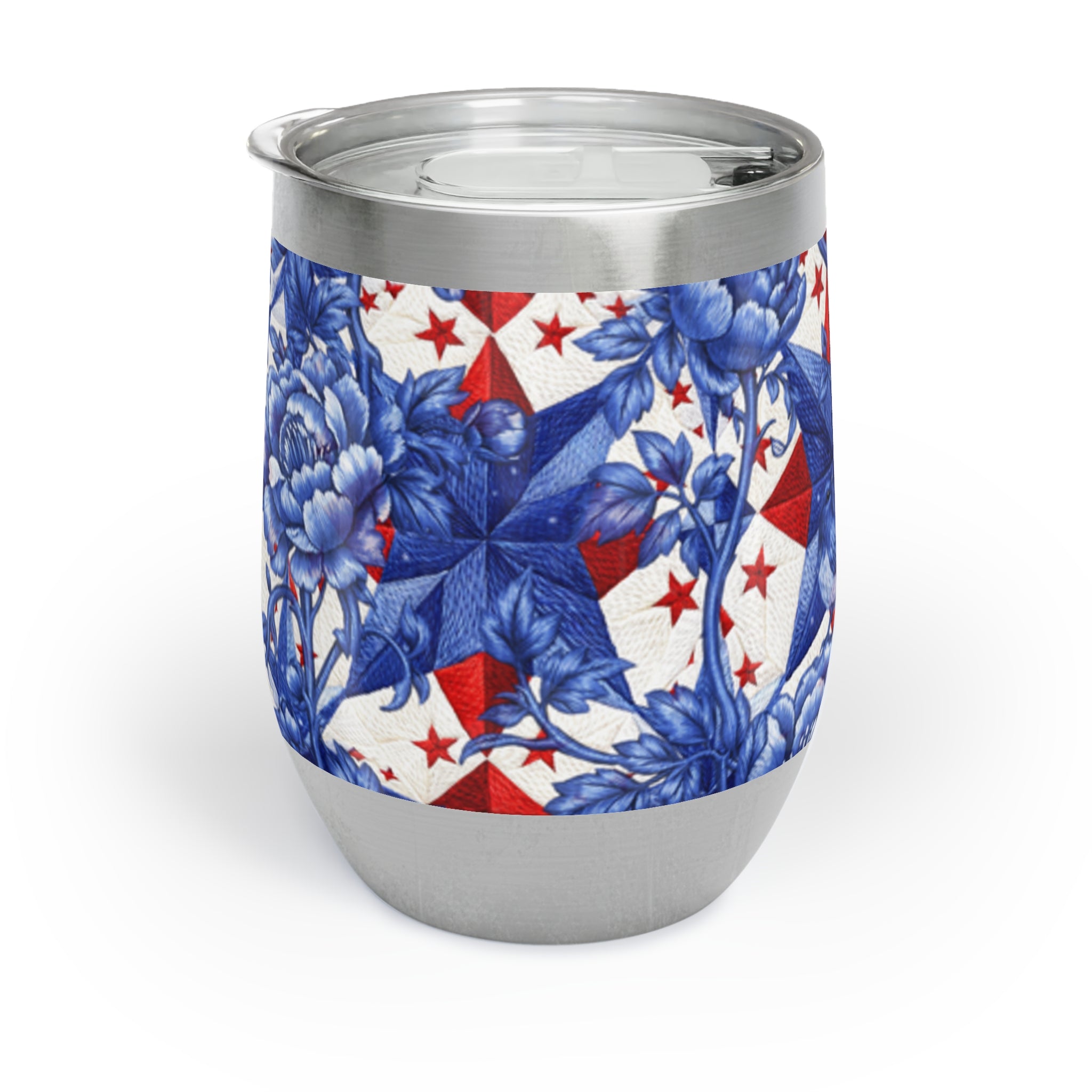 America 250th Anniversary Wine Tumbler - Patriotic Blue Toile & Red Star Insulated Stainless Steel Cup