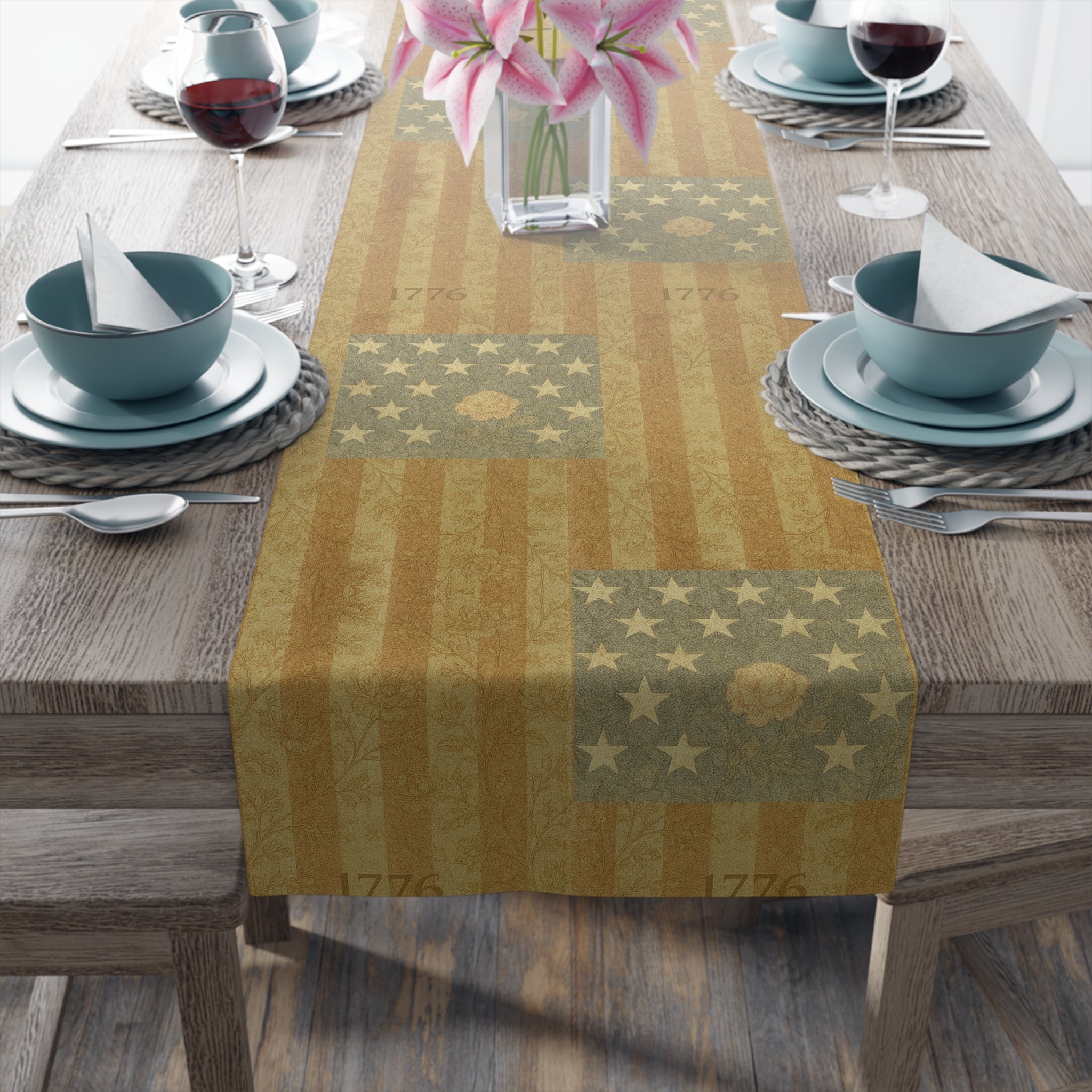 Heritage 1776 Collection | Patriotic Flag Table Runner – Vintage Stars & Stripes Farmhouse Decor | BLUESKYDEZIGN
