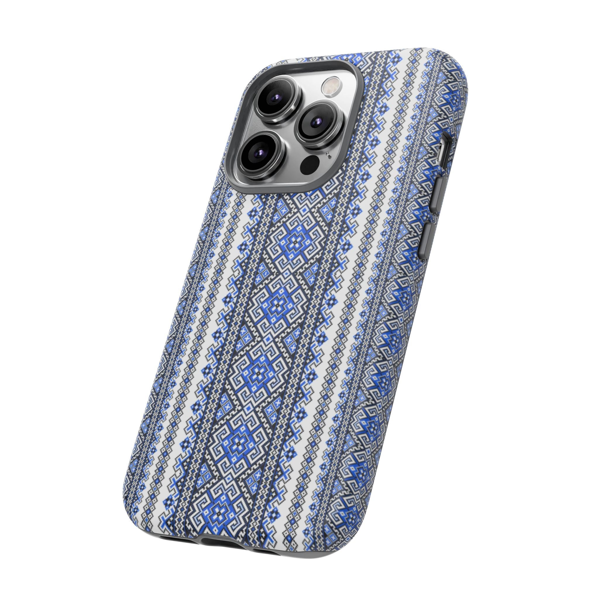 Ukrainian Pattern iPhone Case, Blue Black Geometric Folk Design, Protective Phone Cover, Traditional Ethnic Print