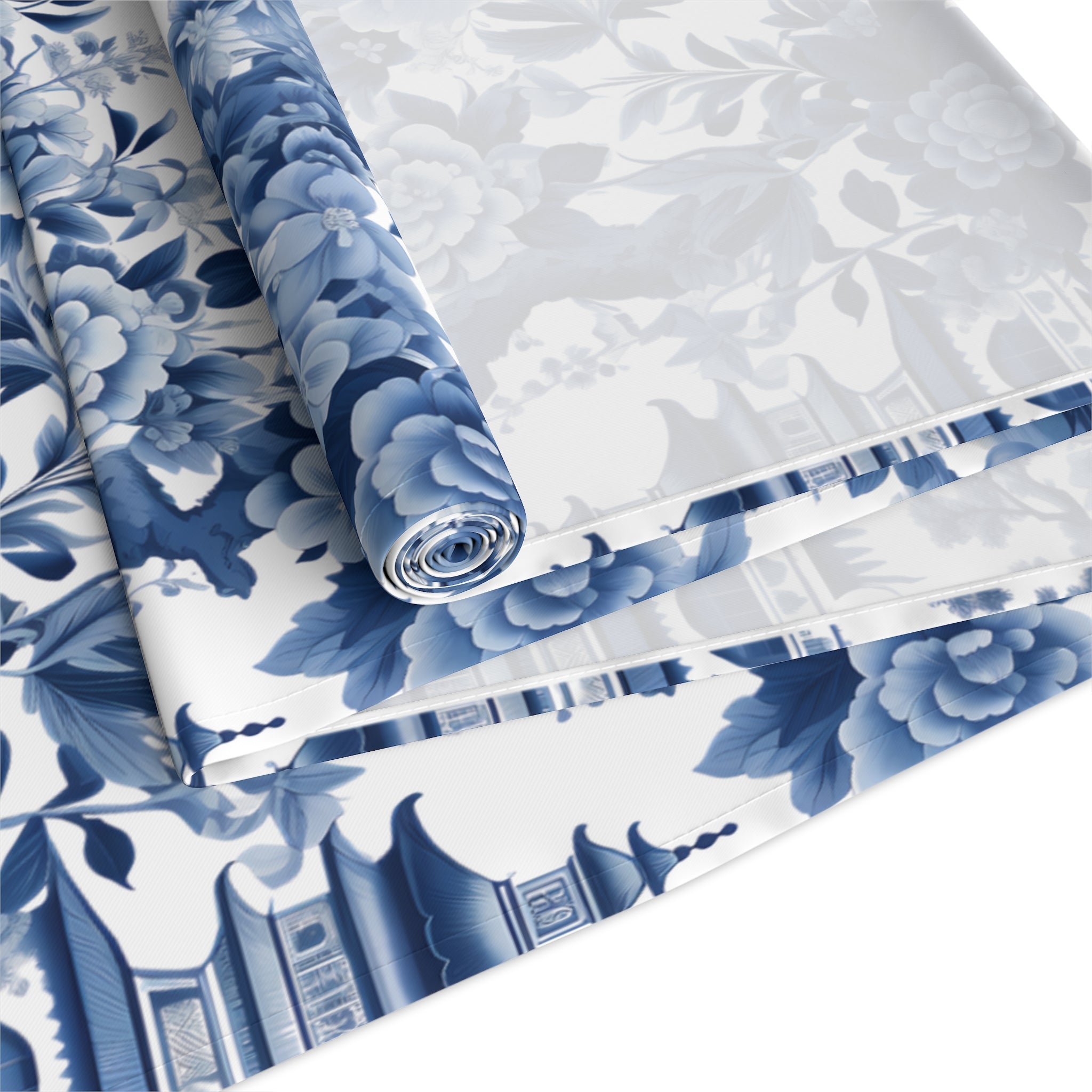 Blue Chinoiserie Toile Table Runner | Vintage Floral Dining Decor | Cotton Twill & Polyester