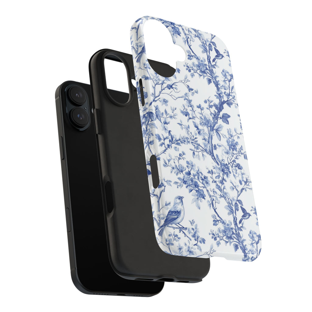 BLUESKYDEZIGN | Blue Floral Toile Phone Case | Vintage Porcelain Birds & Branches iPhone Cover | Elegant Gift for Her