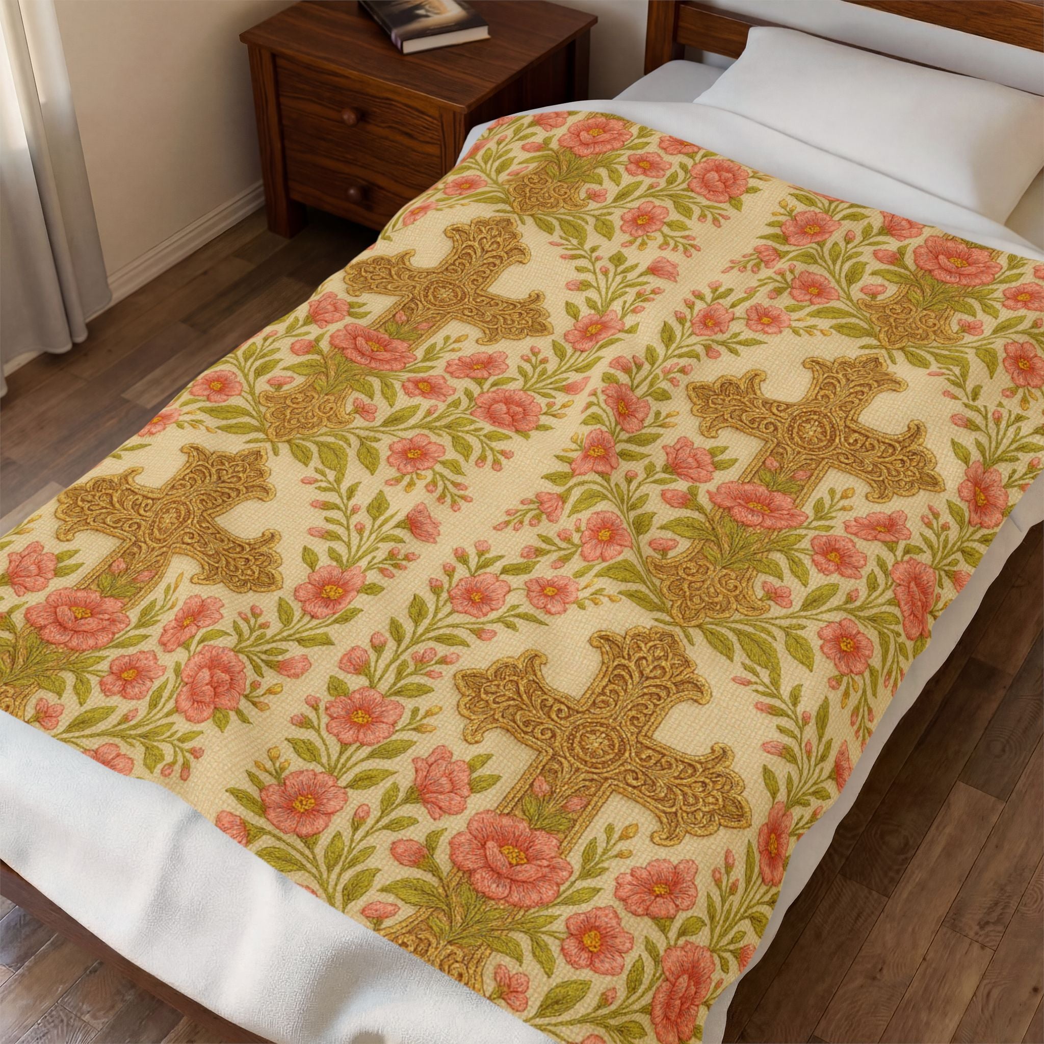 BLUESKYDEZIGN Blessed Home Floral Cross Plush Blanket | Vintage Rose Religious Throw | Soft Velveteen | 3 Sizes