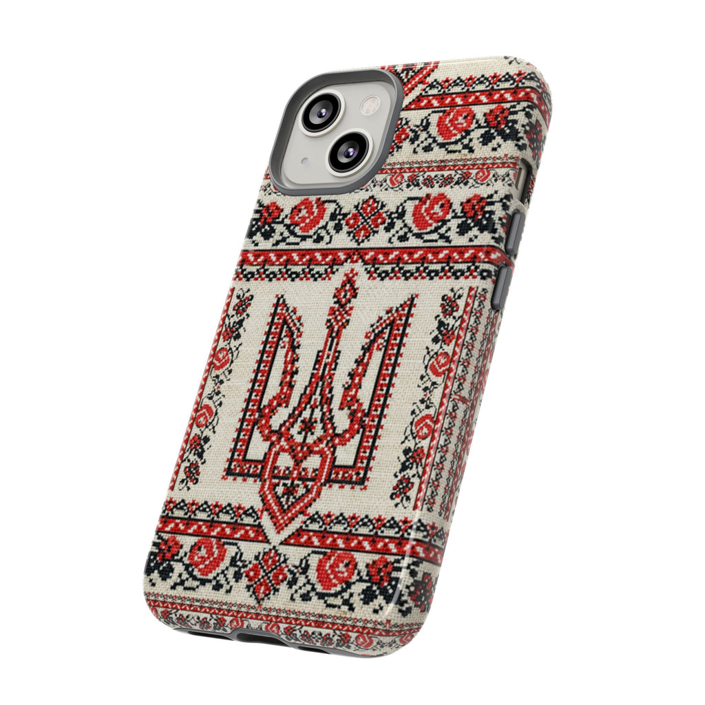 Ukrainian Trident Embroidery Phone Case • Red Black Trident Pattern • Protective Folk Art Cover for iPhone & Samsung