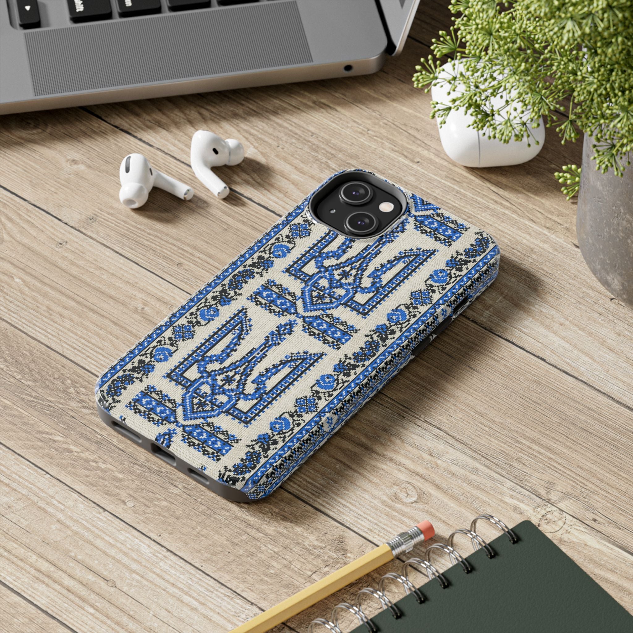 BLUESKYDEZIGN | Ukrainian Trident Freedom Phone Case | Blue Tryzub Vyshyvanka Embroidery iPhone Cover | Artist-Designed