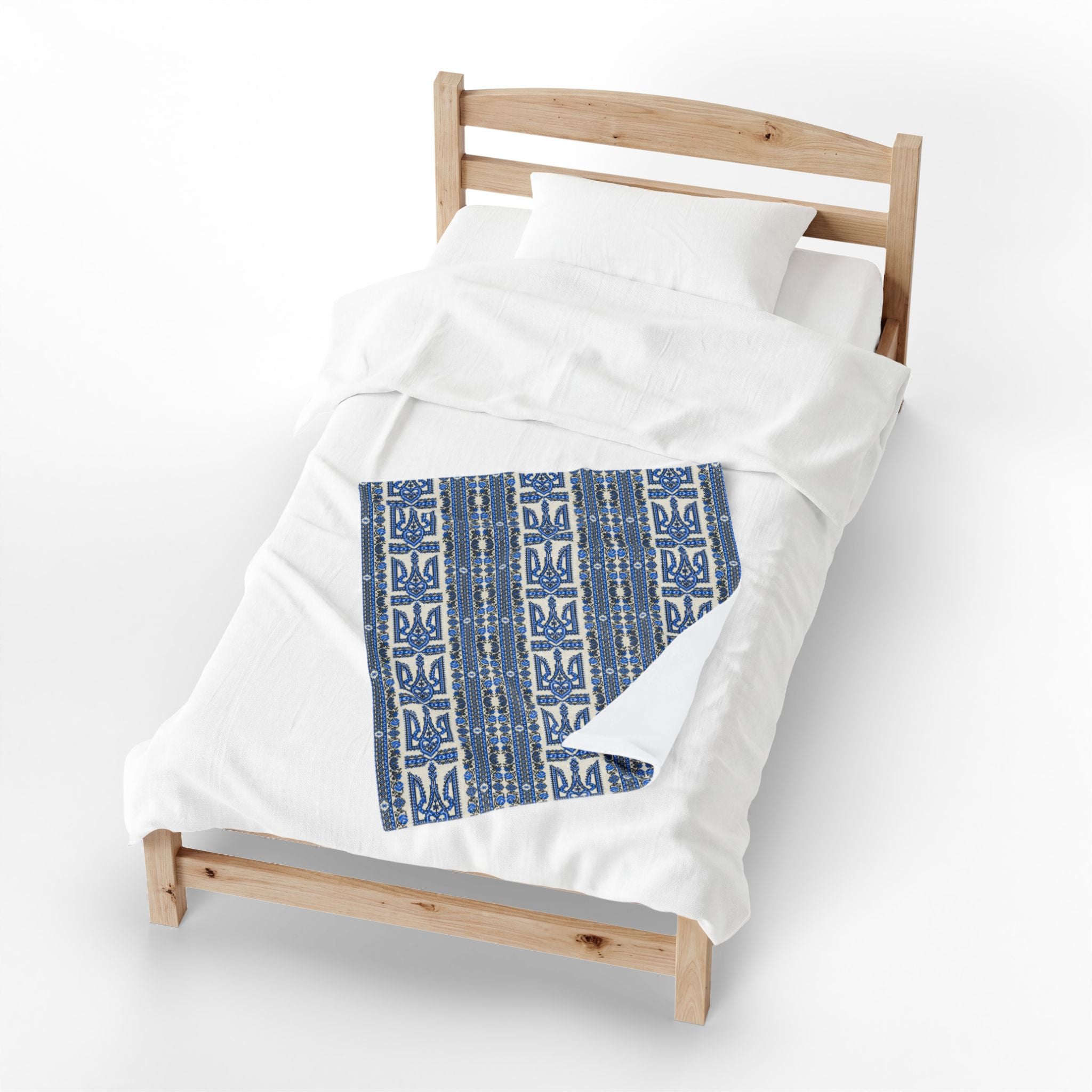 Ukrainian Trident Blue Velveteen Blanket | Tryzub Folk Throw | Artist-Designed