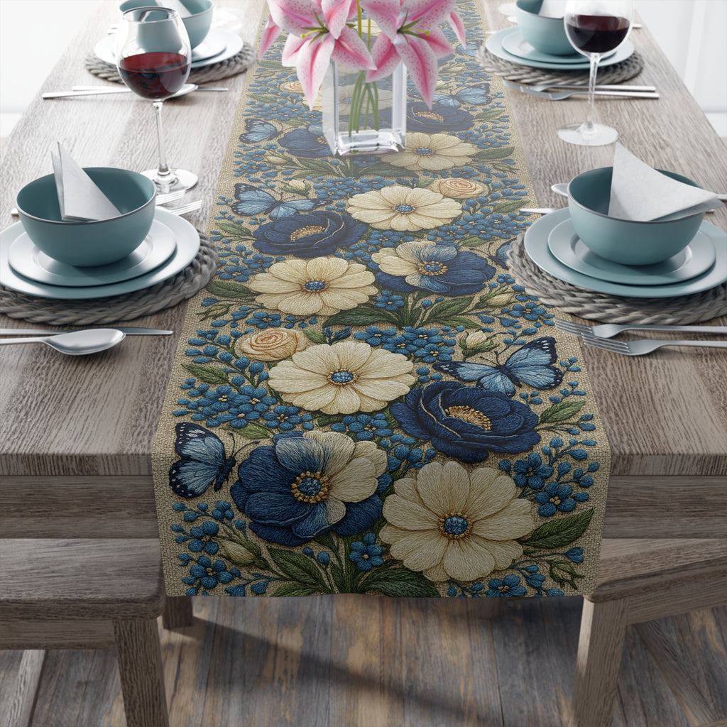 Wild Beauty Floral Table Runner – Blue & Cream Botanical Design