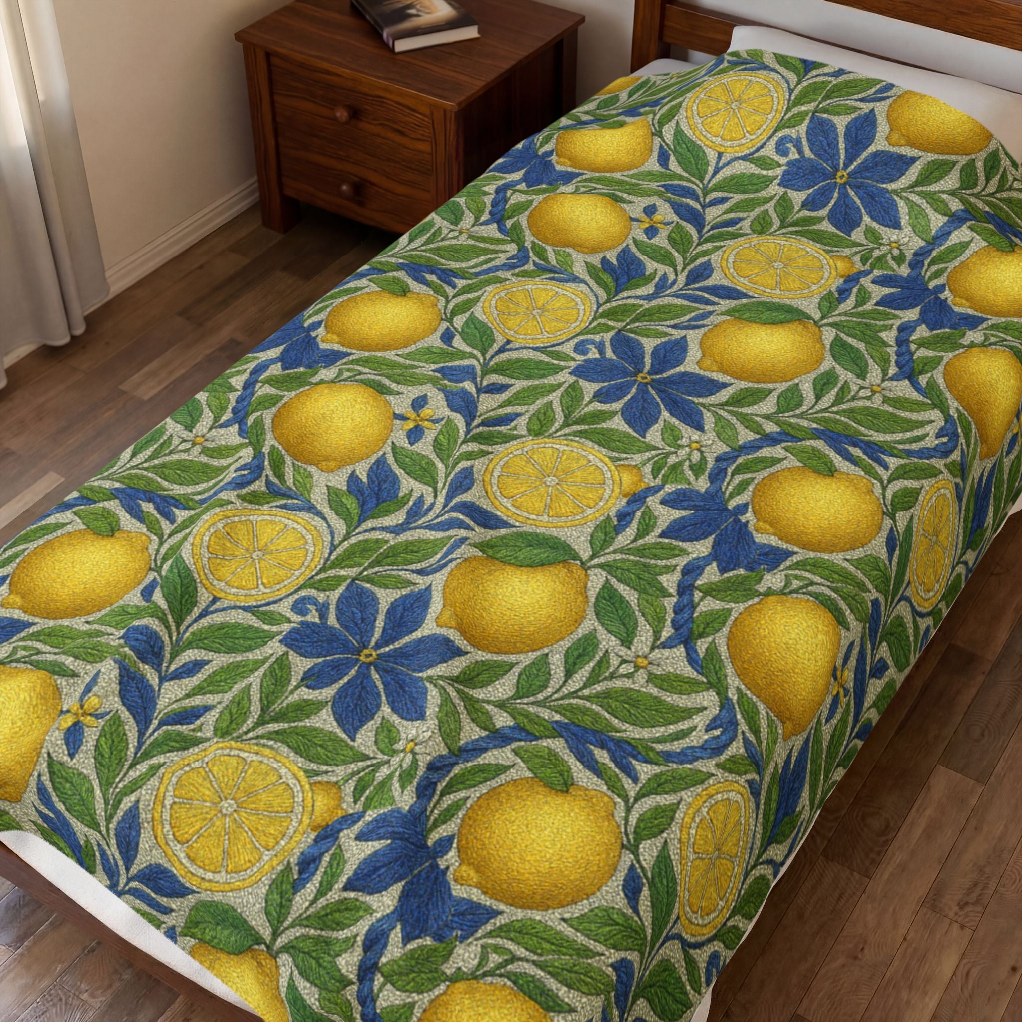 Citrus Riviera Lemon Velveteen Plush Blanket – Mediterranean Botanical Throw | William Morris Style